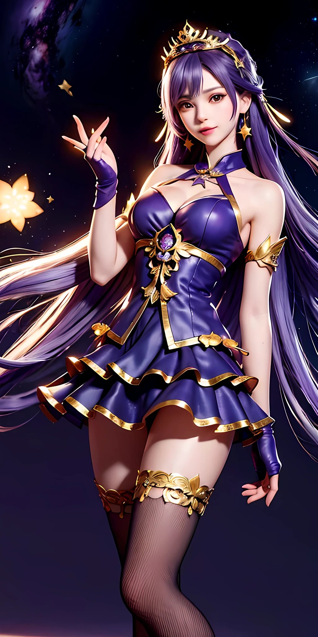 Minimalist background, stockings, jelly texture, flowing hair, best quality, highest resolution, Tyndall effect, ((delicate facial details)), ultra-clear, detail portrayal, detail legs, greasy skin, cinematic texture, best quality, bright colors, (((layering, space, advanced composition))), brilliant colors, high saturation, dramatic perspective, colored ink, flying hair, long hair, purple dress, purple dress, purple gloves, purple bangs long hair, golden eyes, Golden star decoration, stars, starry river, universe, action to release spells, dark purple long gloves, a woman in a purple dress with stars on her skirt and high heels, du jong, purple, rococo, purple star stockings, blending with the starry sky, golden crown, queen, black stockings, gorgeous decoration, purple starry sky castle, (right fingers), (delicate hand structure, detailed portrayal)