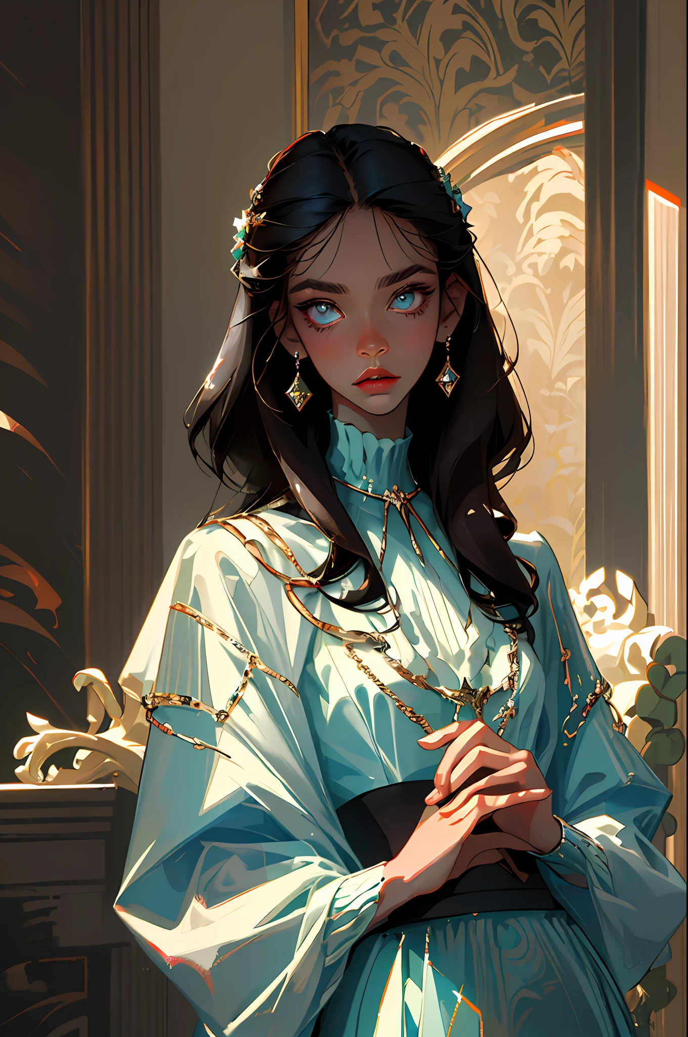 (best quality, masterpiece), Yor Forger, spy x family, fashion clothes, gucci, model, fine details on the face, elegant, fashion, movie light, light eyes, (dark circles), designer clothes, neutral colors, dark hair, indirect light, (black hair)