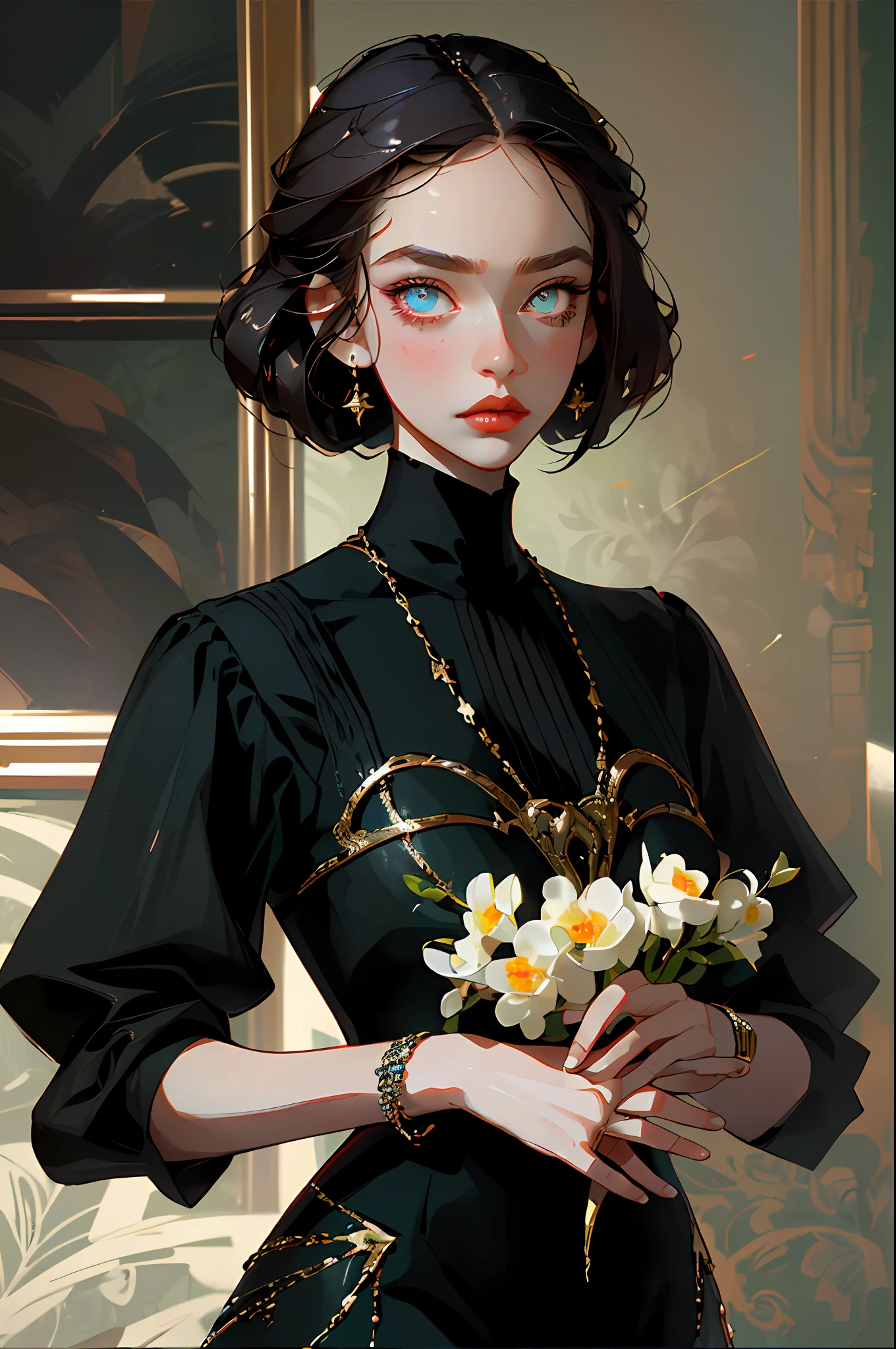 (best quality, masterpiece), Yor Forger, spy x family, fashion clothes, gucci, model, fine details on the face, elegant, fashion, movie light, light eyes, (dark circles), designer clothes, neutral colors, dark hair, indirect light, (black hair)
