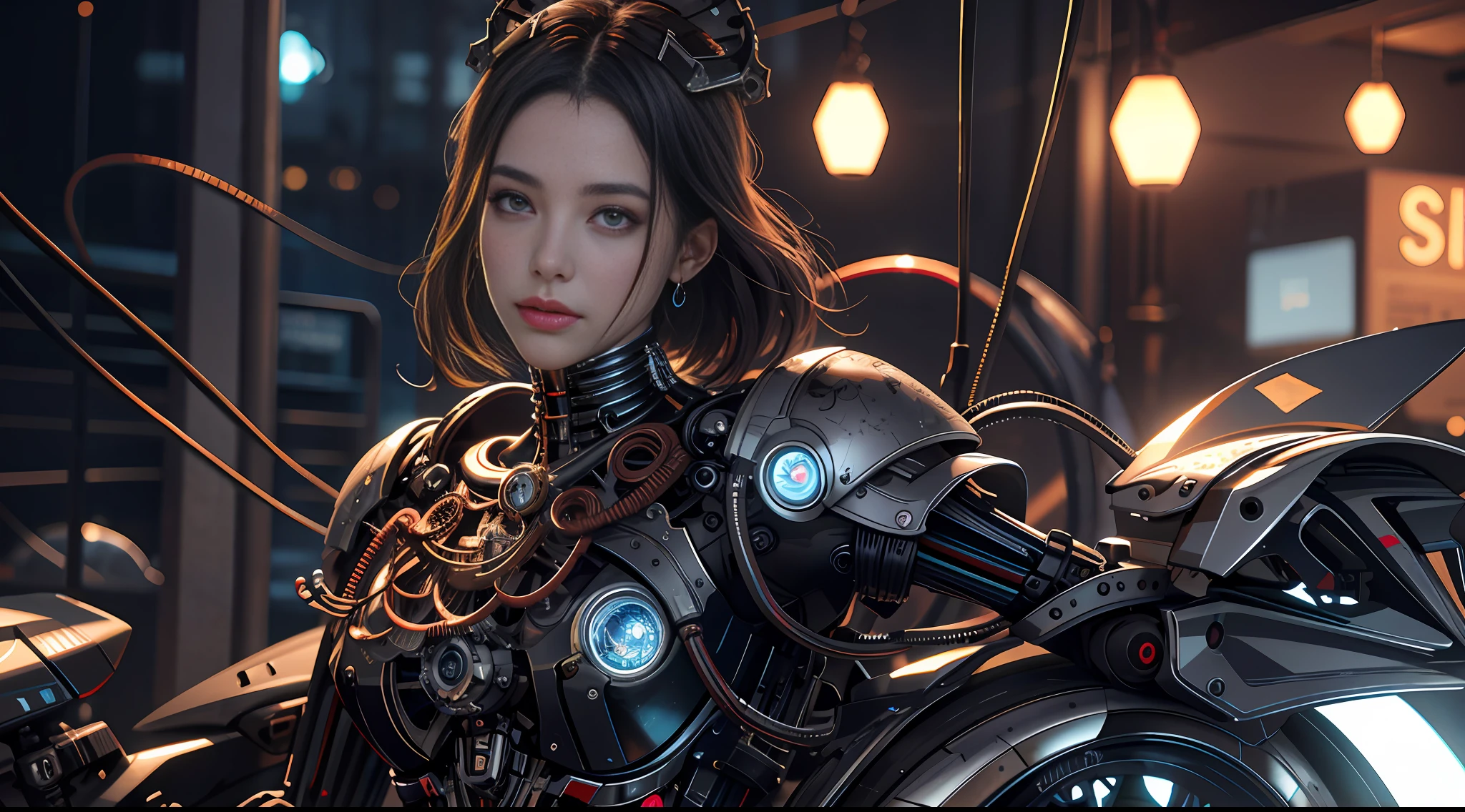 1 mechanical girl, (Full body: 1.2), (Perfect face), ((Super realistic detail)), Portrait, Global illumination, Shadow, octane rendering, 8k, Super sharp, metallic, complex, ornamental detailed, cool color, (Egyptian detail: 1.5), Highly complex detail, realistic light, CGsociety trend, glowing eyes, facing camera, neon detail, mechanical limbs, blood vessels attached to tubes, mechanical vertebrae attached to the back, mechanical cervical vertebrae attached to the neck, sitting, wires and cables attached to the head. realistic, elegant, goddess, dynamic pose, pose, surrealism, high detail, supremacy, cinematic lighting, ray tracing, shadow, uhd, retina, masterpiece, ccurate, anatomically correct, textured skin, super detail, high detail, high quality, high quality, award-winning, best quality, high resolution, 1080P, 16k, 8k, 4K, HD