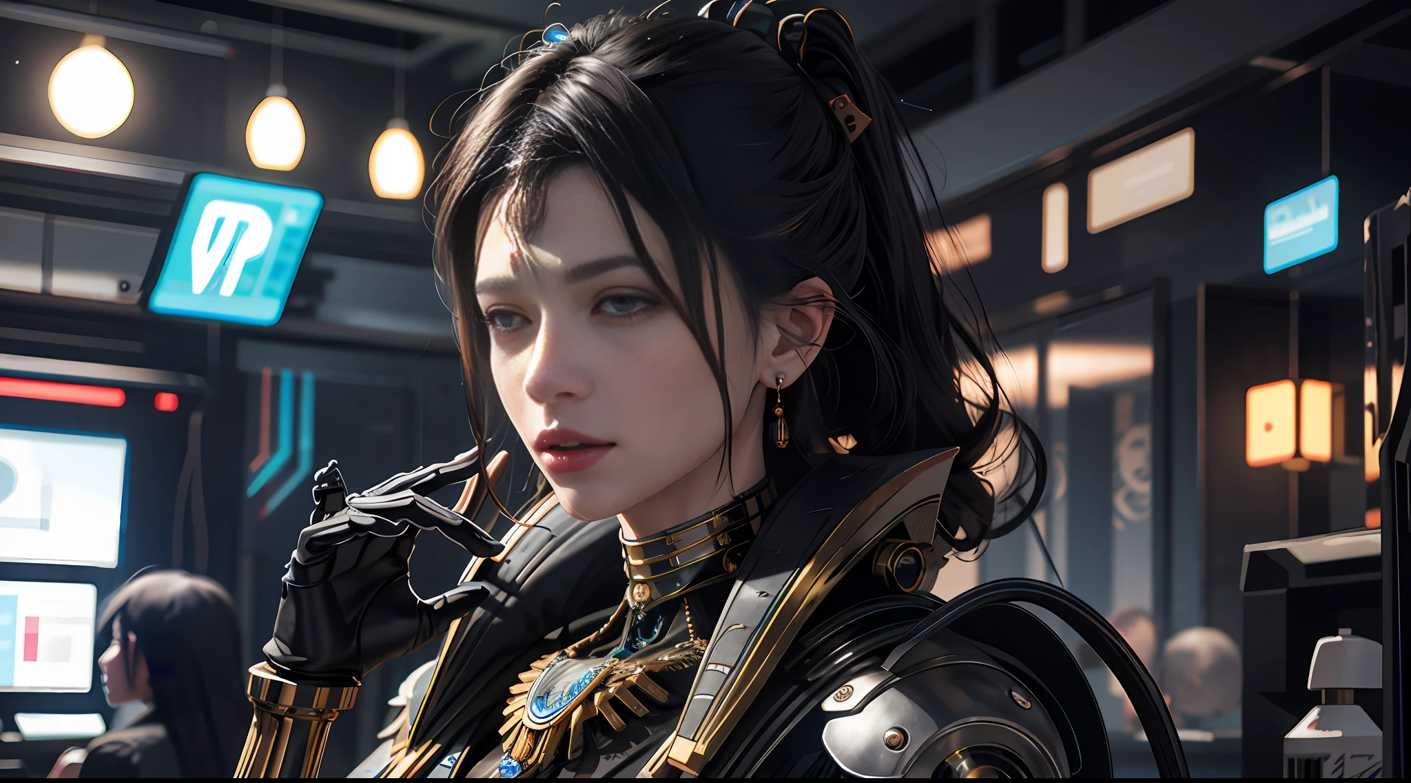 1 mechanical girl, (Full body: 1.2), (Perfect face), ((Super realistic detail)), Portrait, Global illumination, Shadow, octane rendering, 8k, Super sharp, metallic, complex, ornamental detailed, cool color, (Egyptian detail: 1.5), Highly complex detail, realistic light, CGsociety trend, glowing eyes, facing camera, neon detail, mechanical limbs, blood vessels attached to tubes, mechanical vertebrae attached to the back, mechanical cervical vertebrae attached to the neck, sitting, wires and cables attached to the head. realistic, elegant, goddess, dynamic pose, pose, surrealism, high detail, supremacy, cinematic lighting, ray tracing, shadow, uhd, retina, masterpiece, ccurate, anatomically correct, textured skin, super detail, high detail, high quality, high quality, award-winning, best quality, high resolution, 1080P, 16k, 8k, 4K, HD