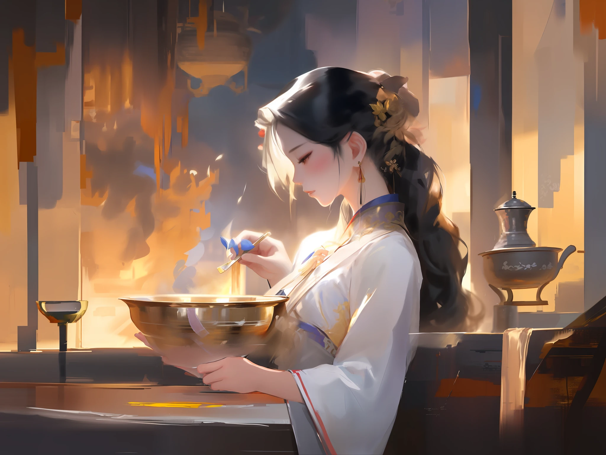painting of a woman in a traditional dress eating food, by Yang J, palace ， a girl in hanfu, guweiz, by Li Song, by Zhou Wenjing, inspired by Fenghua Zhong, by Zeng Jing, artwork in the style of guweiz, by Lin Liang, by Victor Wang, beautiful character painting, by Qu Leilei