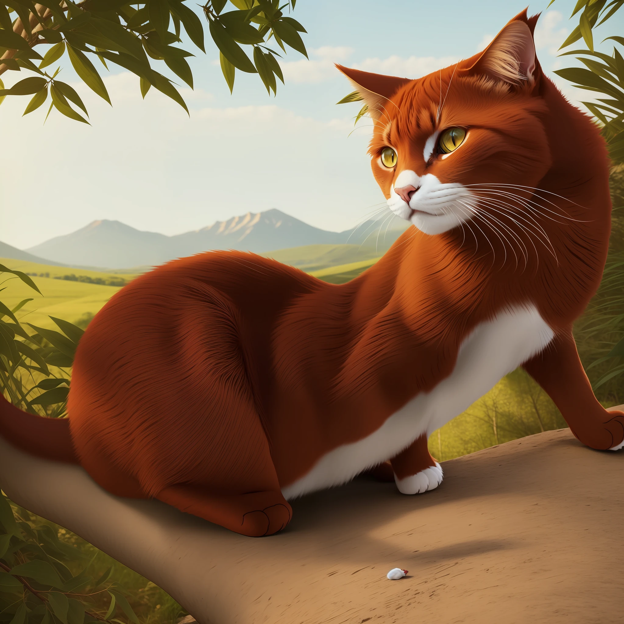 Close to the photo, dark red cat, white tip of the tail, white specks on the belly, valley, poster, nature, animal, realism