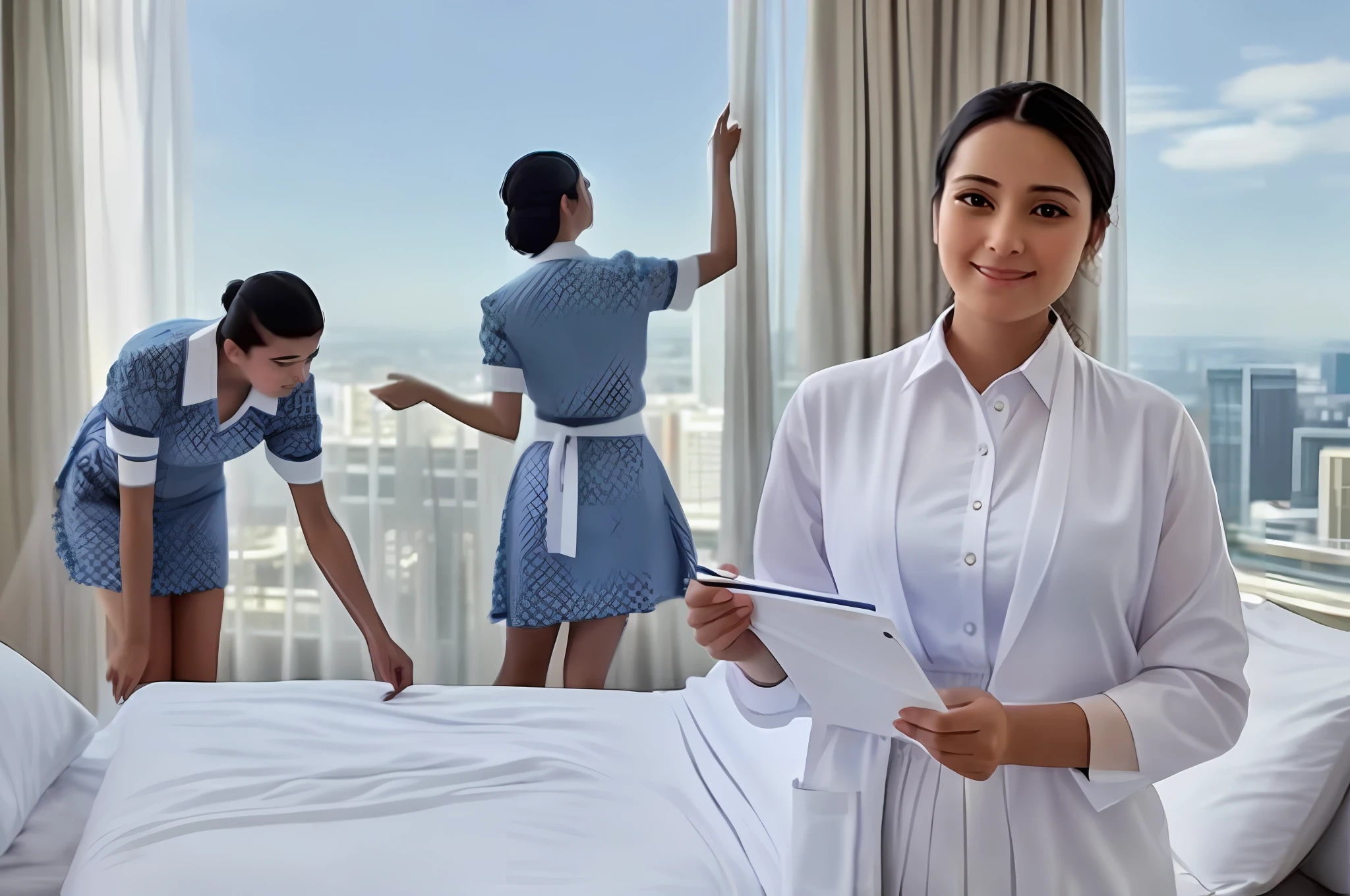 arafed woman in a hotel room with a bed and a maid, professional art, wearing maid uniform, 1614572159, professional image, anna nikonova, professional picture, competition winning, professionally, professional work, proffesional, people at work, masterpiece!, beautiful views, pro - vida, in the background, very professional
