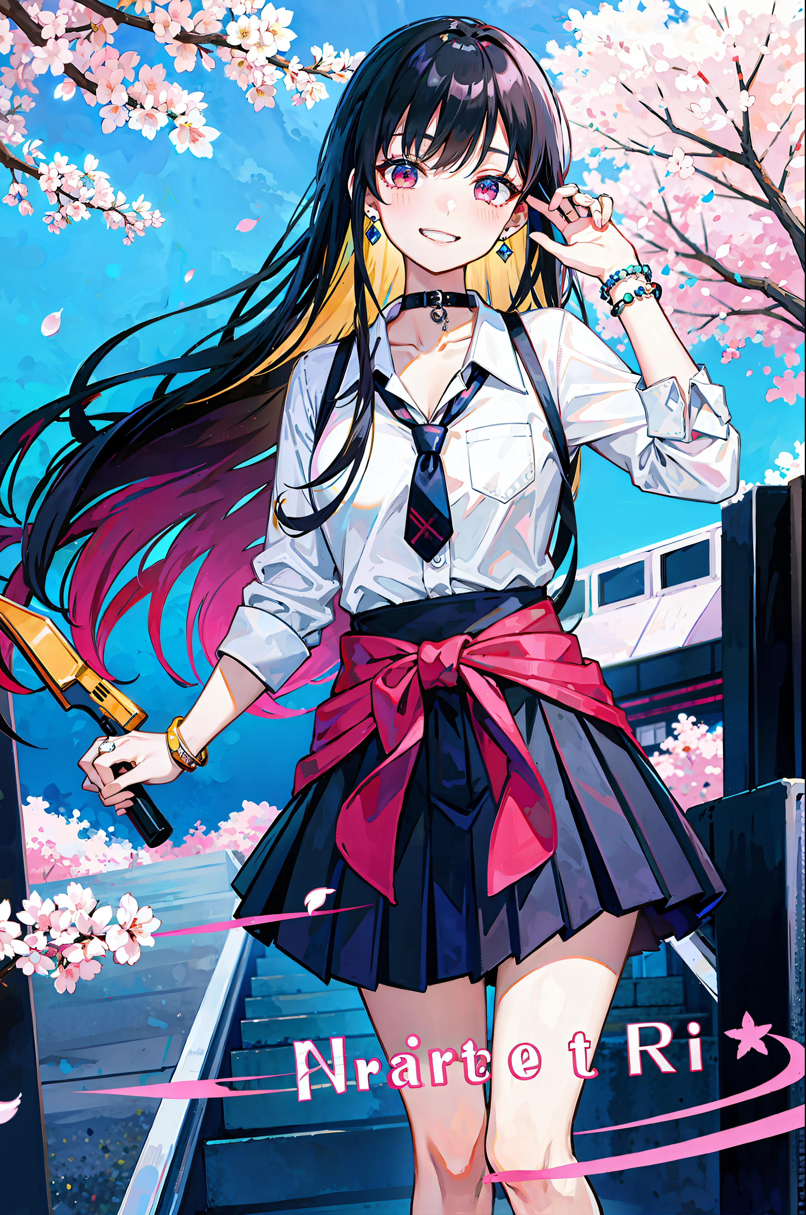 Masterpiece, top quality, full body, one woman, bangs, black choker, black tie, blonde, blue skirt, blush, bracelet, chest, choker, clothes around the waist, collarbone, collared shirt, cowboy shot, dress shirt, ear piercing, eyebrows visible from hair, gradient hair, grinning, gal, jewelry, kogal, long hair, viewer's gaze, loose tie, tie, piercing, Plaid, Plaid Skirt, Pleated Skirt, Red Eye, Ring, School Uniform, Shirt, Skirt, Smile, Solo, White Shirt, Street, Sky, Cherry Blossom, Petal, Illustration, (Magazine: 1.3), (Cover Style: 1.3), Fashionable, Women, Cheerful, Outfit, Pose, Frontal, Colorful, Dynamic, Background, Element, Confident, Expression, Holding, Statement, accessory, majestic, coiled, around, touch, scene, text, cover, bold, attention, title, stylish, font, catchy, headline, big, impressive, modern, trendy, focus, fashion, laptop