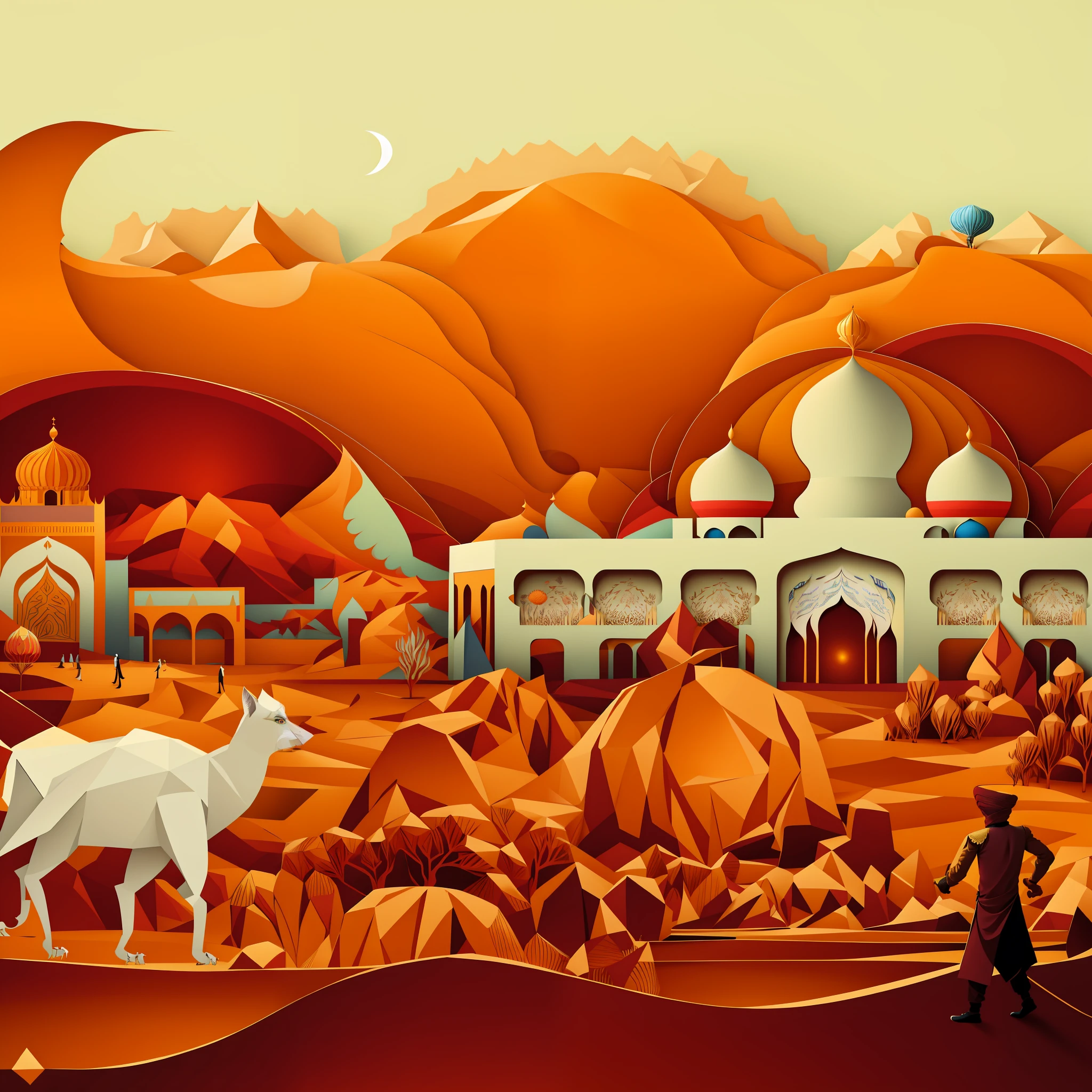 there is a man standing in front of a large paper cut of a desert, inspired by Abdur Rahman Chughtai, persian folkore artstyle, stylized digital illustration, scenery art detailed, persian folktale artstyle, arabian art, by Sardar Sobha Singh, dan mcpharlin, by Sohrab Sepehri, stylized digital art