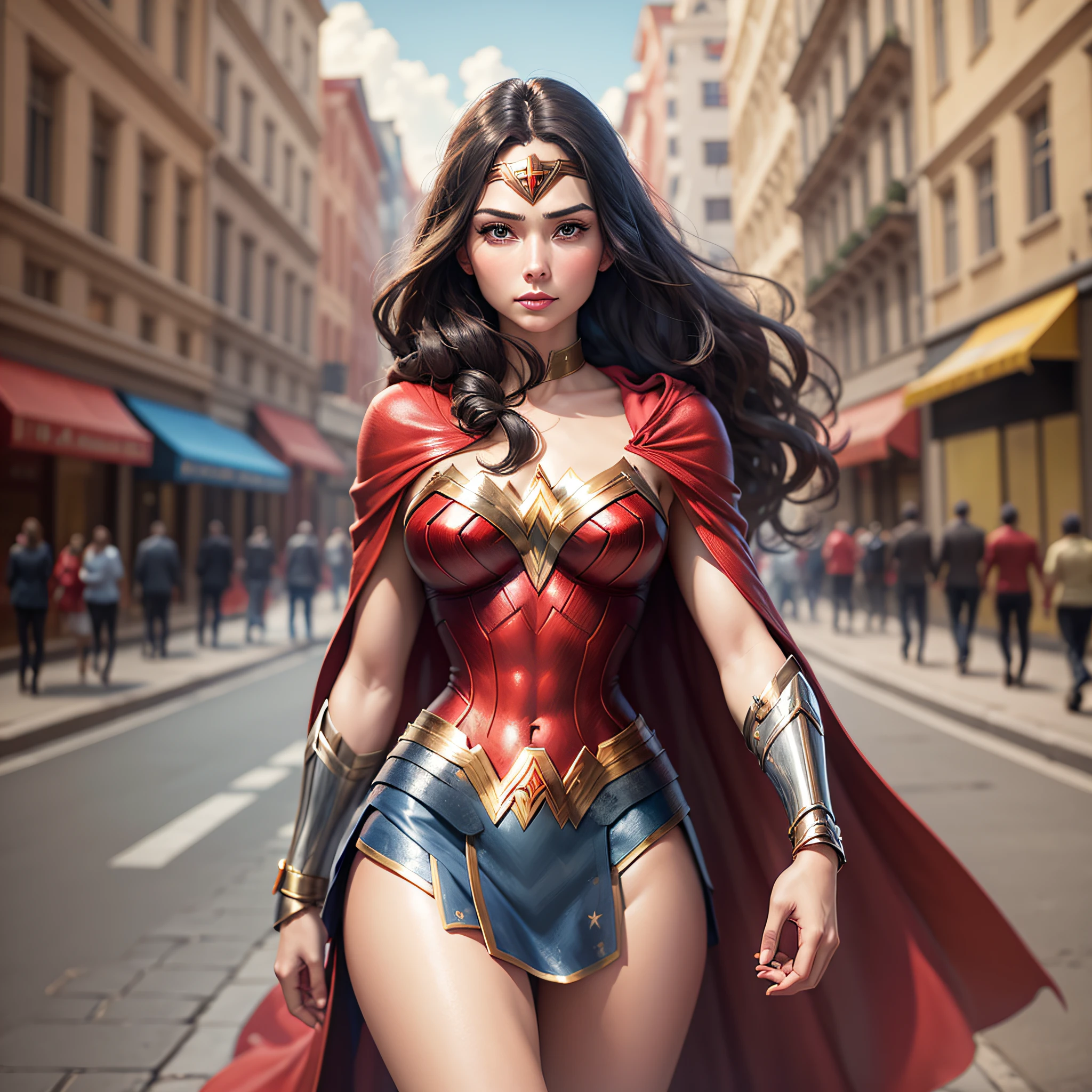 Make a woman with beautiful features walking down a street in the city. Walking and dropping Wonder Woman's red cloak --auto --s2