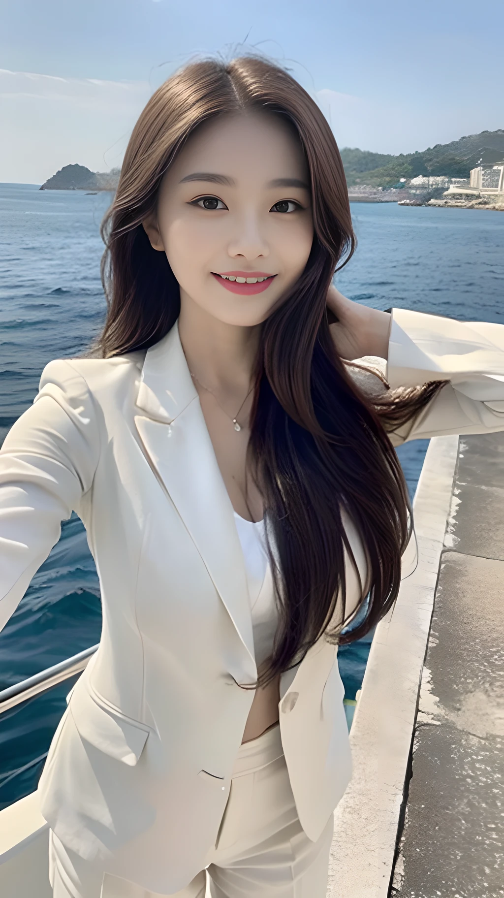((Best Quality, 8K, Masterpiece: 1.3)), , Focus: 1.2, Perfect Body Beauty: 1.4, Buttocks: 1.2, (Layered Haircut: 1.2)), (Dark Street: 1.3), Highly Detailed Face and Skin Texture, Full Body, Fine Eyes, Double Eyelids, Whitened Skin, Long Hair, (Round Face: 1.5), (White Suit Style: 1.6). Smile Standing on yacht in the sea looking at the sea