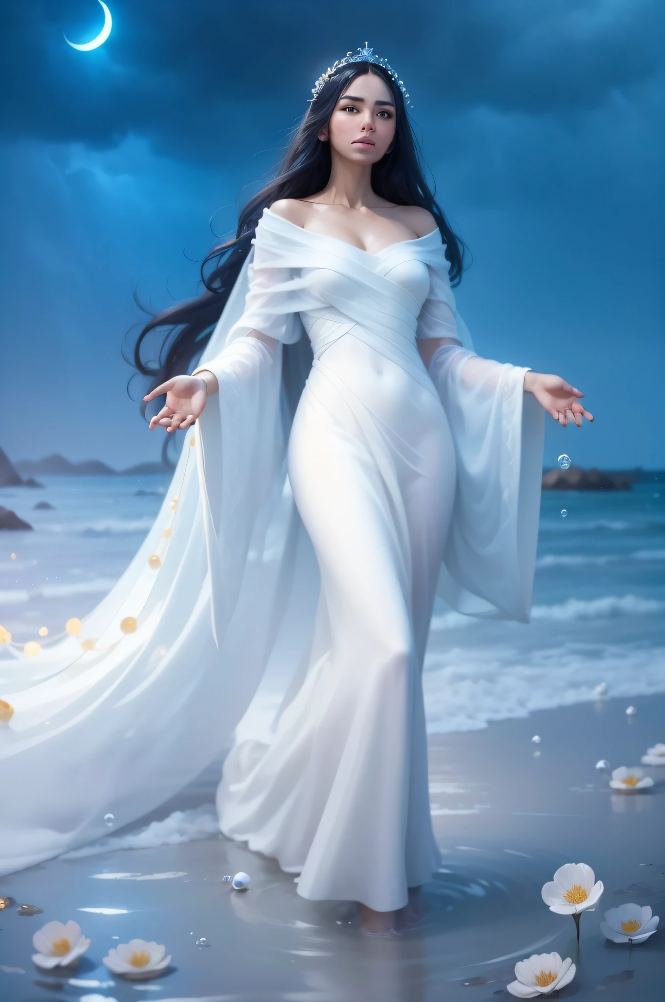 Yemanja walking on water in a storm, soft expression, rays of light descending from the sky, glowing pearls falling from his hands, flowers on seawater and a moon background, masterpiece, high quality, high quality, highly detailed CG unit 8k wallpaper, award-winning photos, bokeh, depth of field, HDR, bloom, chromatic aberration, realistic, very detailed, trend in artstation, trend in CGsociety, complex, high detail, dramatic, art in the middle of the journey, volumetric lighting --auto --s2
