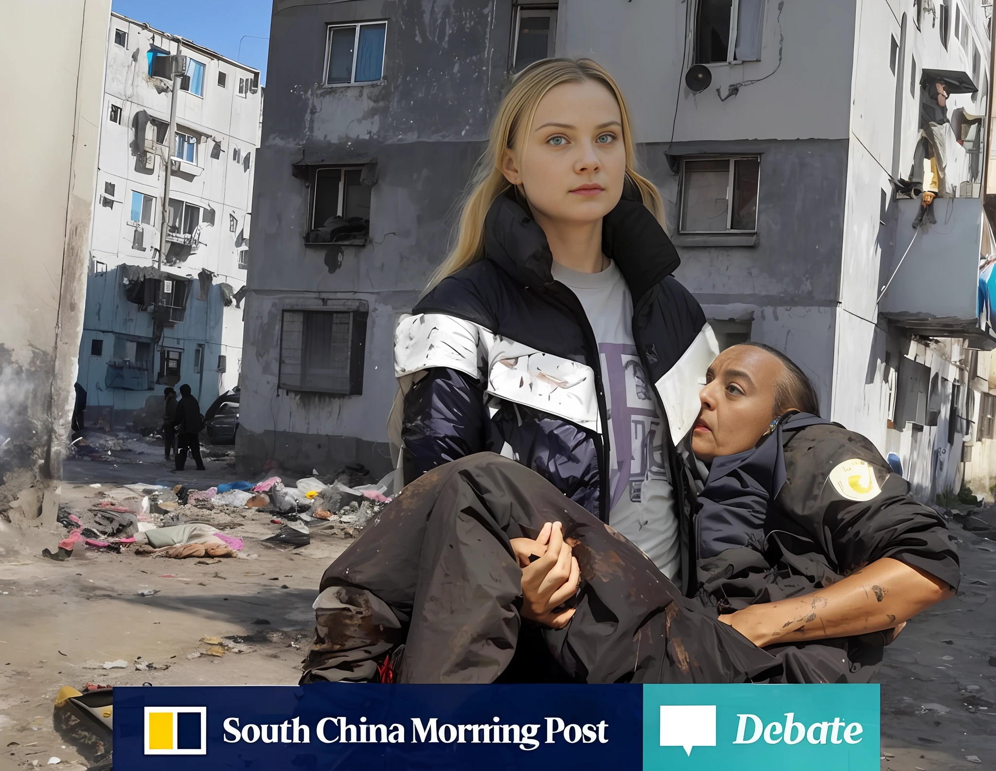 a wounded man gets carried, arafed woman in a black-and-white-striped plastic-jacket holding a wounded athletic man in a dirty street with buildings in the background, a muscular young man is wounded and carried away, greta thunberg as gollum, greta thunberg in a wet and shiny down jacket, greta zhunberg is wearing a brillinat laquered jacket, greta thunberg in a laquered wetlook anorak, editorial photo, editorial image, photobashing, very coherent image, award winning press photo, ap, ap art, 💣 💥, abcdefghijklmnopqrstuvwxyz, in postapocalypse city --auto --s2