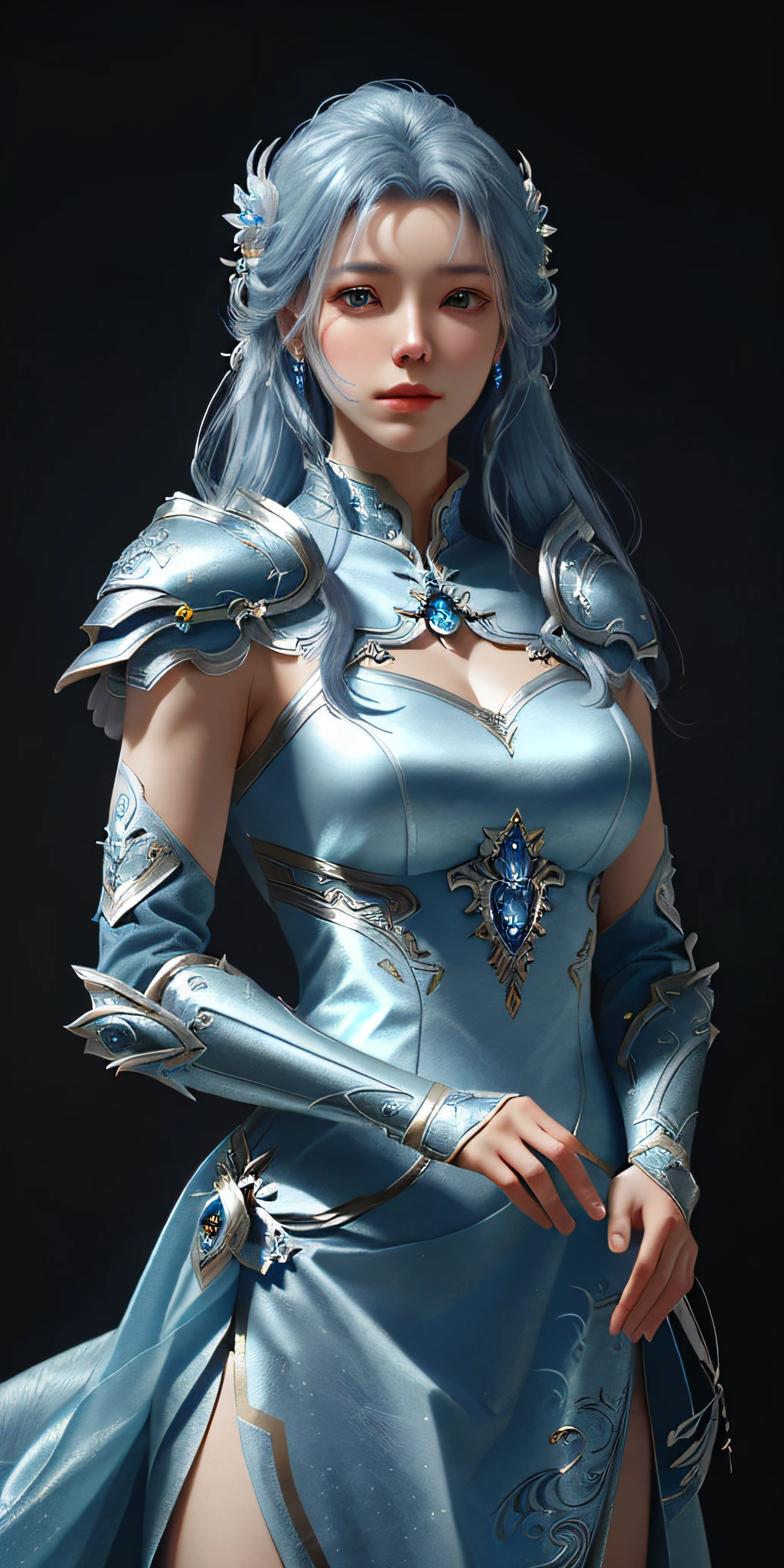a close up of a woman in a silver and blue dress, chengwei pan on artstation, by Yang J, detailed fantasy art, stunning character art, fanart best artstation, epic exquisite character art, beautiful armor, extremely detailed artgerm, detailed digital anime art, artgerm on artstation pixiv, armor girl