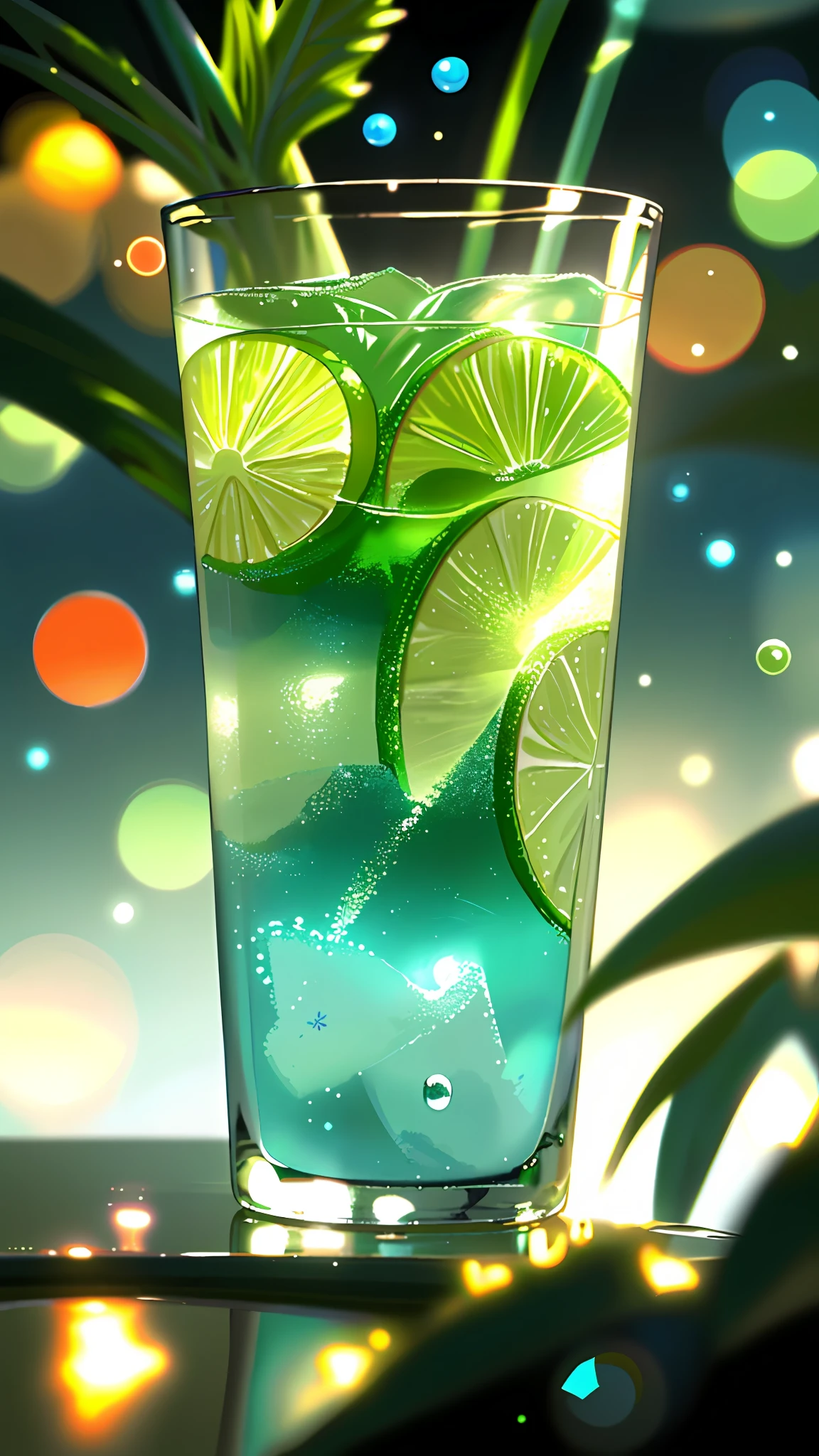 Wallpaper, clear glass, drink, ice, lime, 4 mints, tropical plants, hot weather, HD detail, humidity, small water droplets, hyperdetail, cinematic, surrealism, soft light, deep field focus bokeh, ray tracing, diffuse (ultra-fine glass reflection) and surrealism. --v6