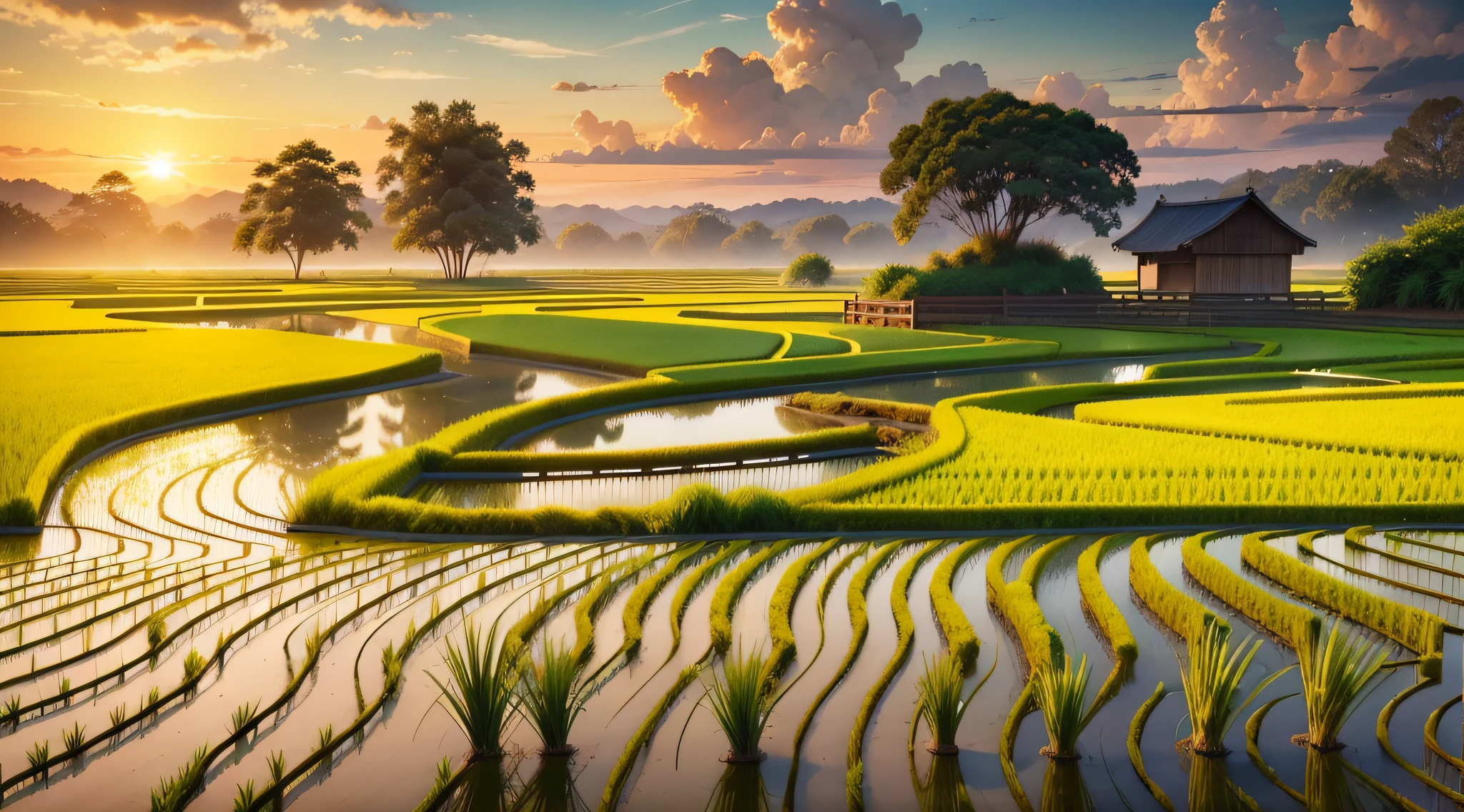 The scenery of the rice fields always gives people a sense of calm and spaciousness, as if soothing the softness of the depths of the soul. On an early morning, the breeze blows and the ears of rice in the rice fields glow golden yellow in the sun, which is a beautiful start.
The ears of rice in the rice fields rise high and sway in the wind, like patches of golden ocean, choppy waves. Under the sunlight, the rice ears feel as dazzling as gold, giving off an intoxicating aroma that makes people feel incomparably beautiful.
In the rice fields, countless farmers are busy working, walking around the fields with hoes, shovels or large baskets on their backs. They worked hard, sweat rolling down their foreheads, stirring up circles of ripples.
There is a small stream in the rice field, the water is clear and transparent, the water is gurgling, quiet and wonderful. By the stream, the lush reeds and weeping willows gently sway, seemingly bringing a sense of vitality and vitality to the stream.
As the sun sets, the ears of rice in the rice fields keep rubbing with the evening breeze, making a rustling sound. In this calm atmosphere, the birds in the rice fields sing nocturnes and the calls of cicadas are heard, giving a sense of tranquility.
As night falls, the scene in the rice fields becomes even more beautiful. In the darkness, the ears of rice stand in the wind, like patches of black ocean, exuding a mysterious aura. In the middle of the rice field, the lights of the farm flicker among the ears of rice, creating a romantic atmosphere for the entire rice field.
In short, the scenery of the rice fields is always full of vitality and beauty of life. Here, you can feel the gift of nature and the essence of life, which makes people feel