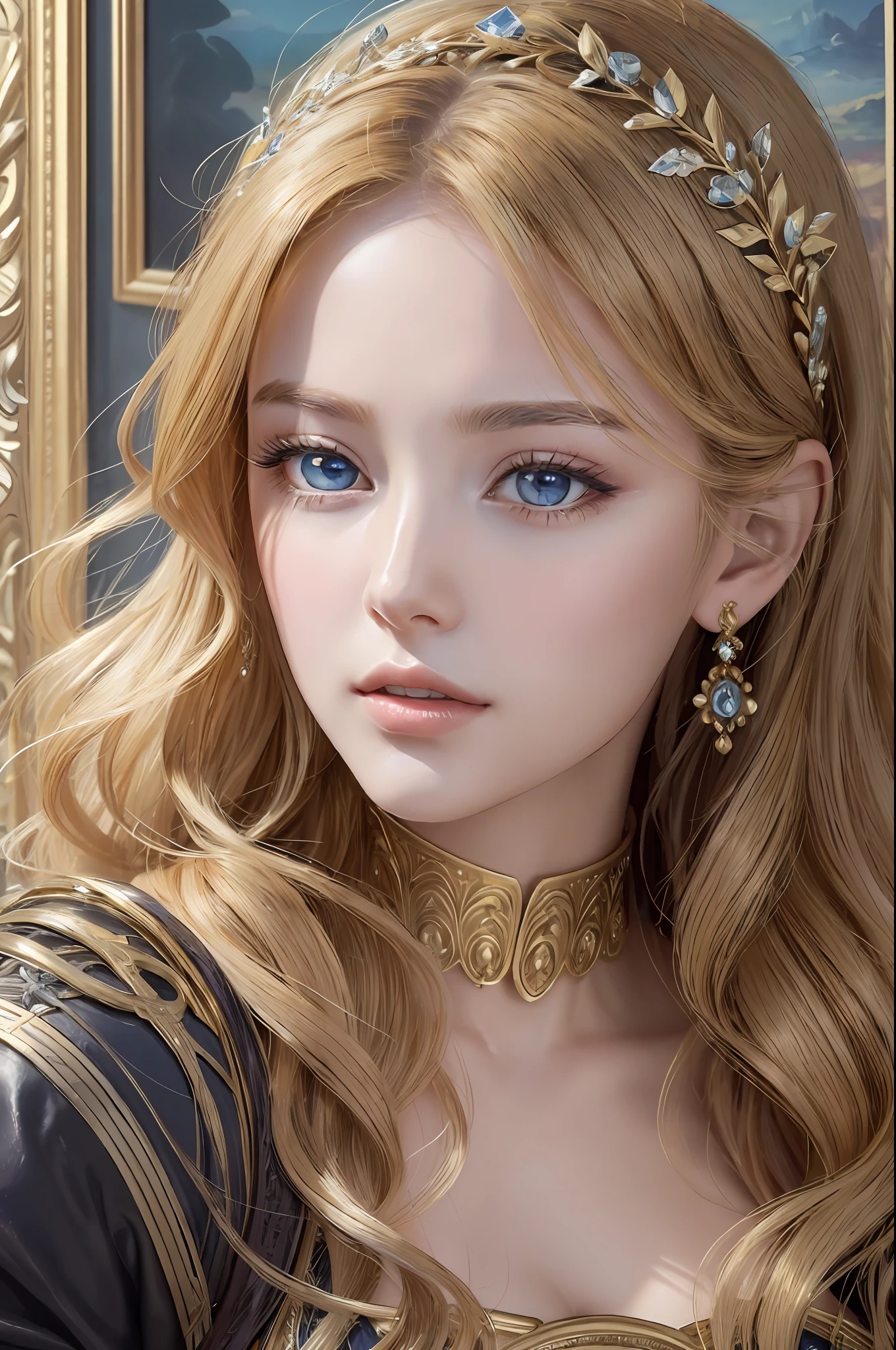 ( Absurd, High quality, ultra-detailed, masterpiece, concept art, smooth, highly detailed artwork, hyper-realistic painting )beautiful eyes(eyes detailed), Greek mythology, Helen of Sparta, princess Helen, the most beautiful woman in the world, beauty was extraordinary, enchanting, with radiant features and a flawless complexion, lovely, mesmerizing eyes that held a magnetic charm, drawing people towards her, Golden hair color, cascading down her shoulders in waves, her beauty became a source of conflict and tragedy, Whole body