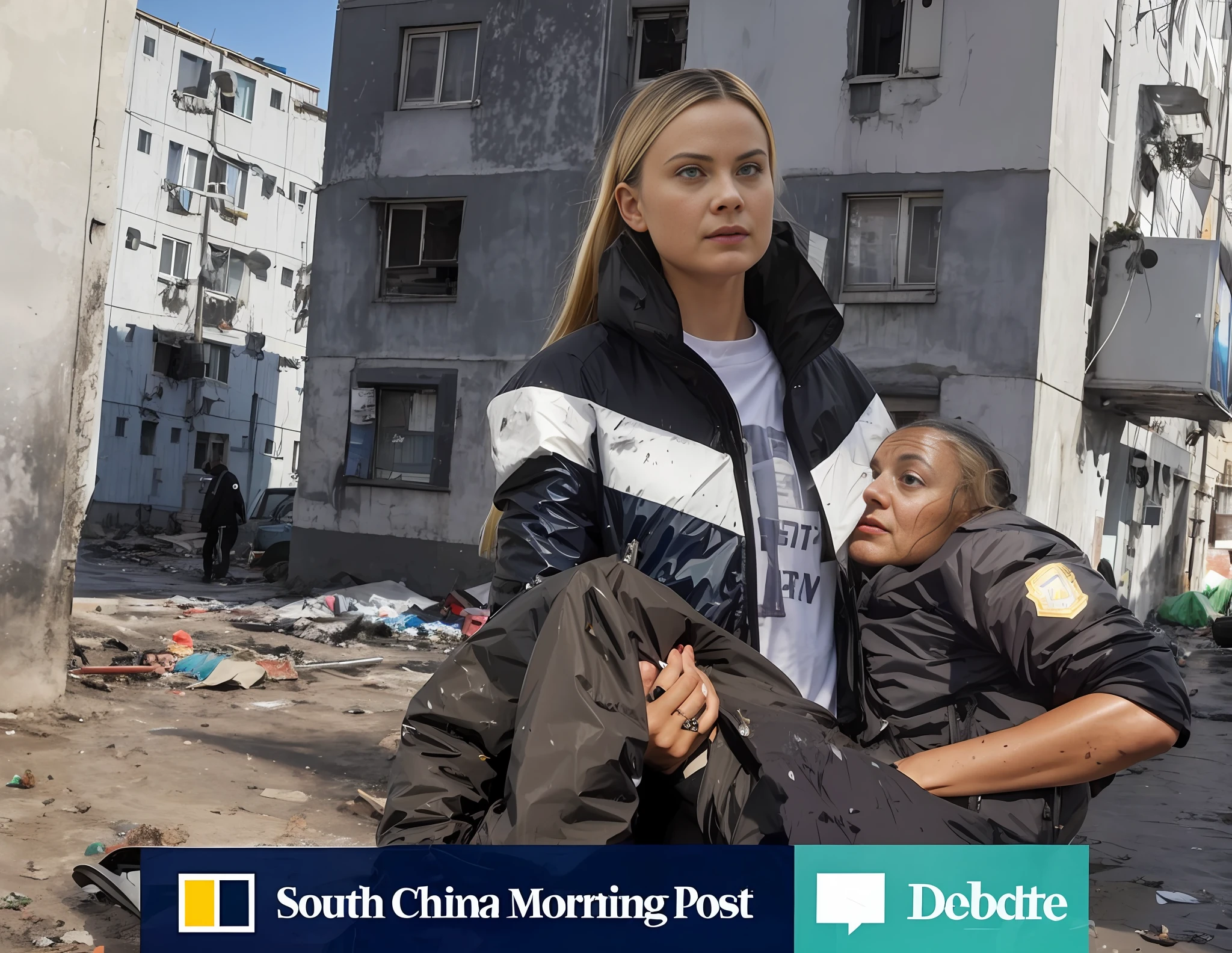 a wounded man gets carried, arafed woman in a black-and-white-striped plastic-jacket holding a wounded athletic man in a dirty street with buildings in the background, a muscular young man is wounded and carried away, greta thunberg as gollum, greta thunberg in a wet and shiny down jacket, greta zhunberg is wearing a brillinat laquered jacket, greta thunberg in a laquered wetlook anorak, editorial photo, editorial image, photobashing, very coherent image, award winning press photo, ap, ap art, 💣 💥, abcdefghijklmnopqrstuvwxyz, in postapocalypse city --auto --s2