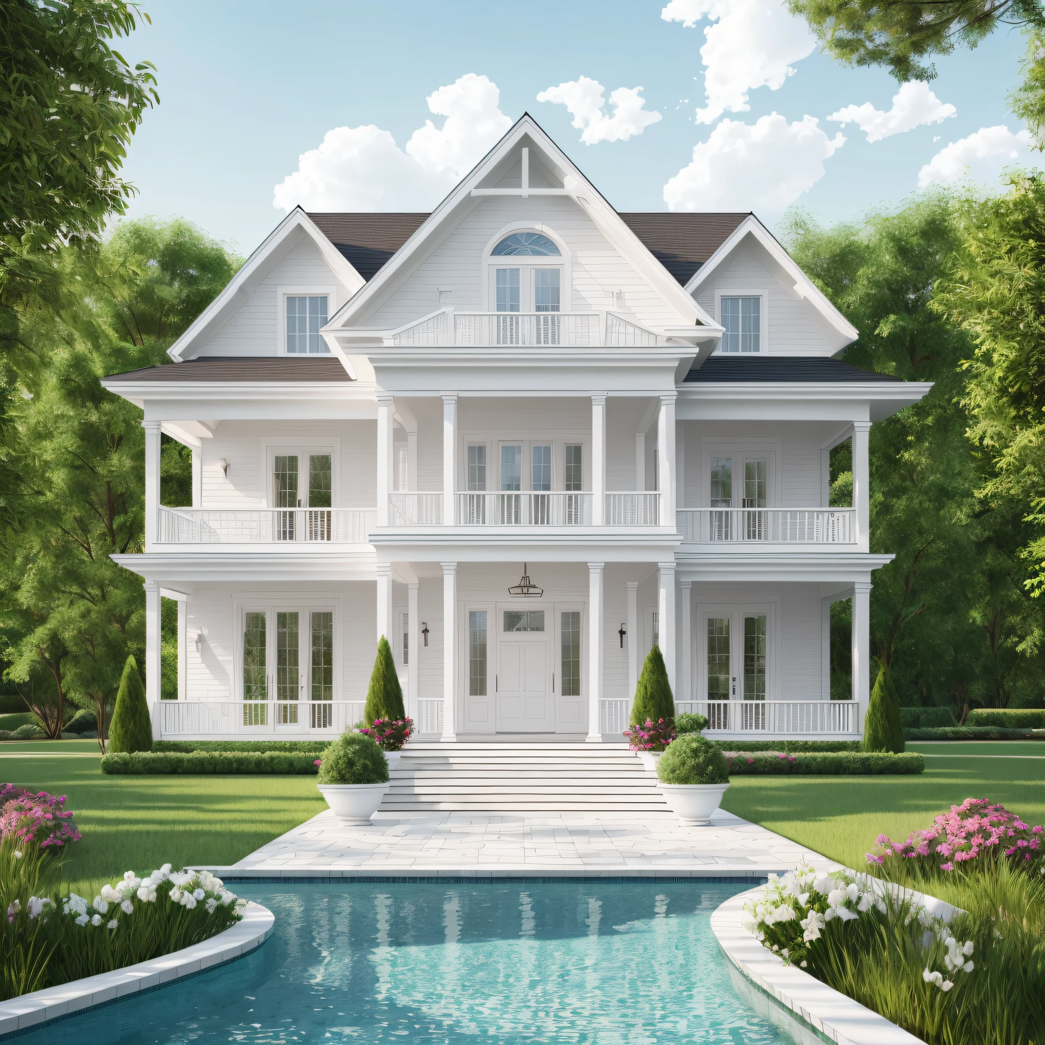 There is a white villa, American classic style