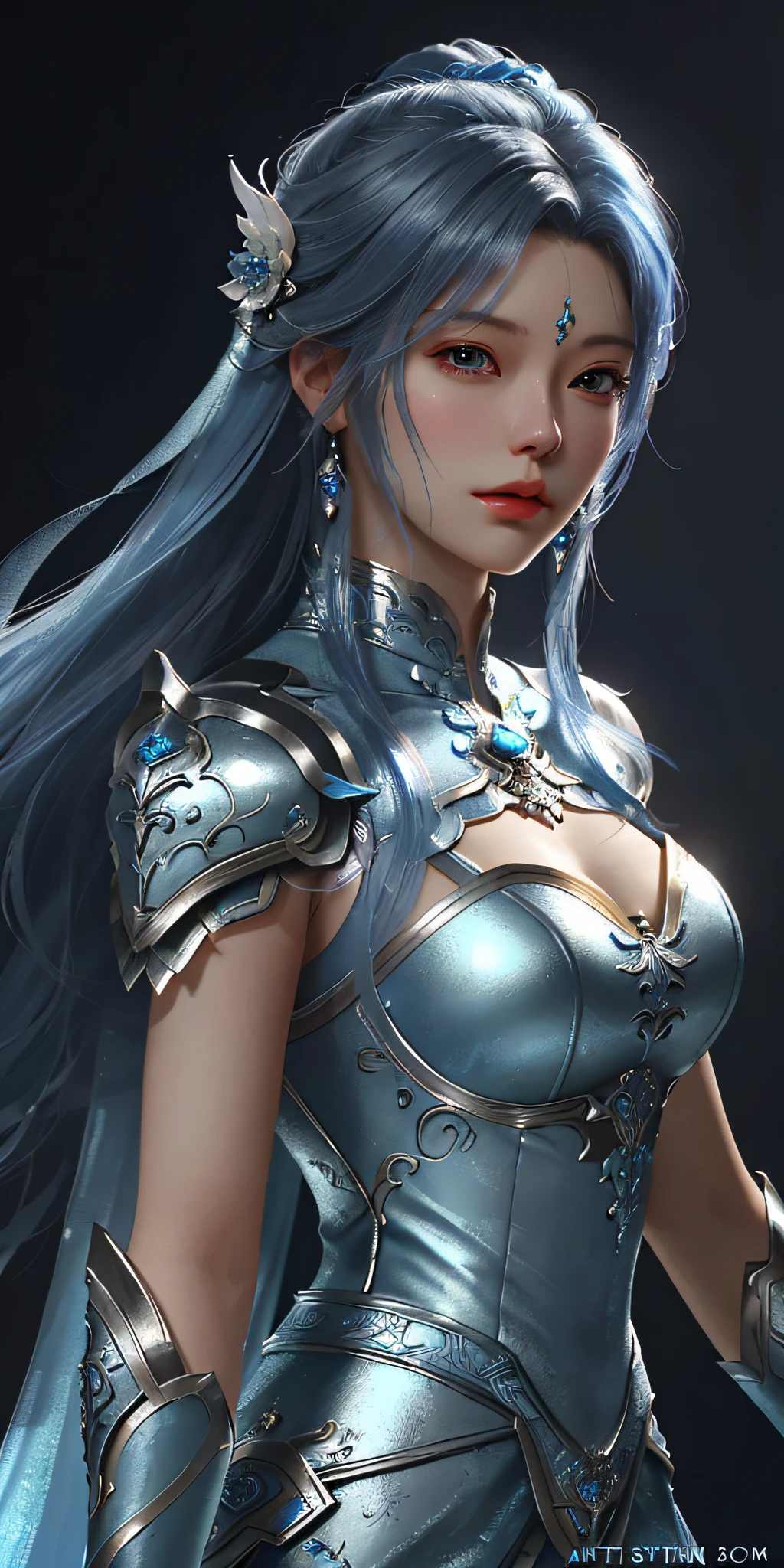 a close up of a woman in a silver and blue dress, chengwei pan on artstation, by Yang J, detailed fantasy art, stunning character art, fanart best artstation, epic exquisite character art, beautiful armor, extremely detailed artgerm, detailed digital anime art, artgerm on artstation pixiv, armor girl
