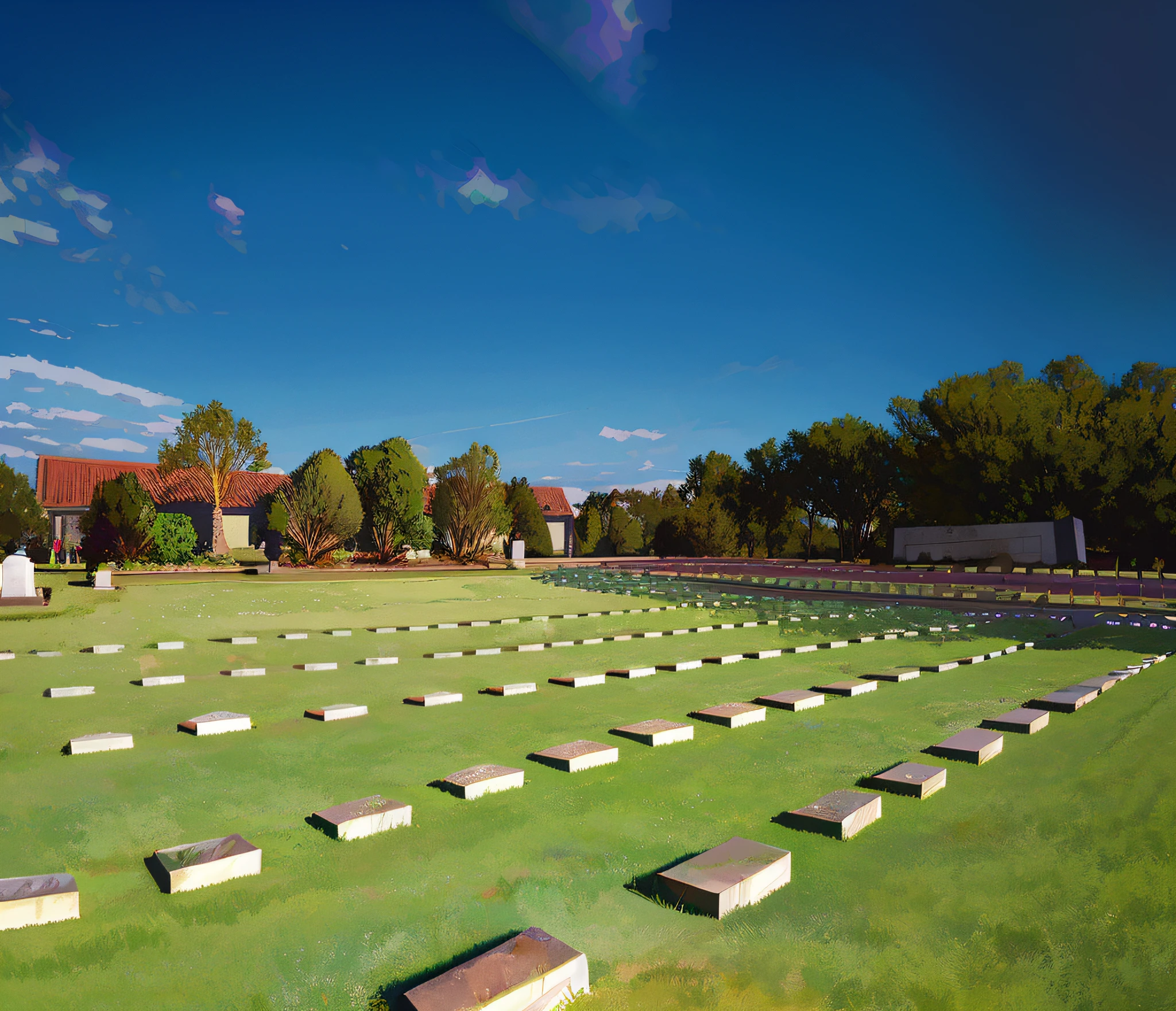 grassy area with rows of graves in front of a building, cementary, cemetery, where being rest in peace, graveyard, grave, graves, graveyard landscape, tombs, parce sepulto, old cemetery, arizona, recreation, gravestones, beautiful image, sunday, weeds and ivy on the graves, graveyard tombstones, tombstones, completely empty, historic, deserted