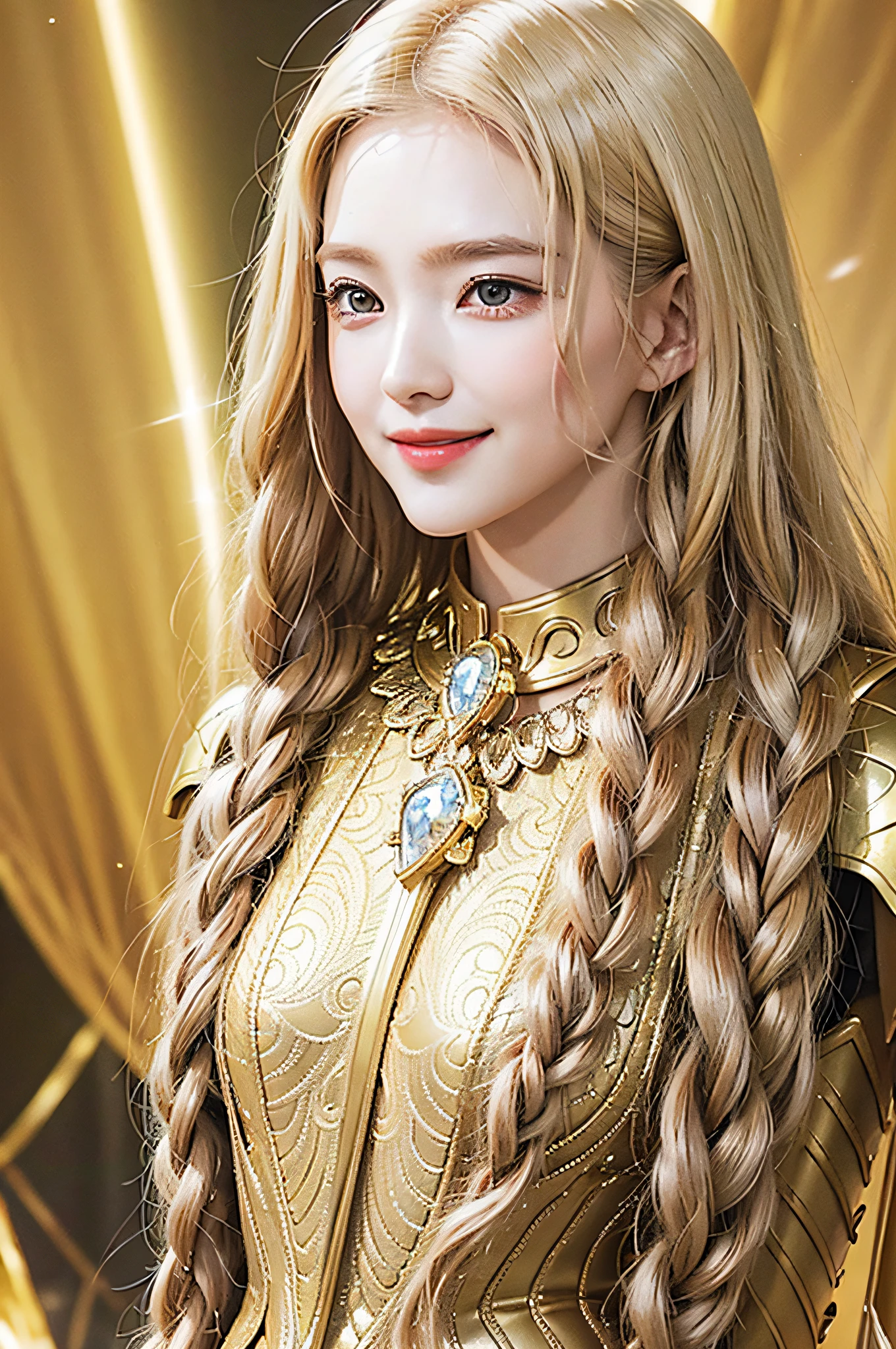 Golden diamond armor, long blonde hair, golden pupils, golden light background, golden transparent wings, diamond texture, smiling, golden eyes, flashing notes around, maiden, golden starlight, dazzling