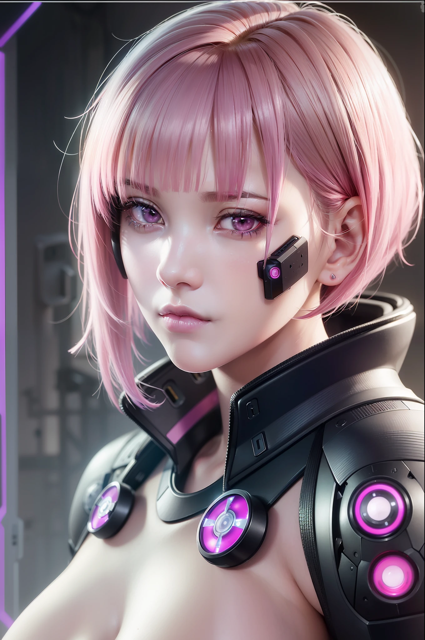 (high resolution, photorealistic, realistic, best quality), (8k, raw photo, masterpiece), (photon mapping, physically based rendering), masterpiece, Amazing, fine detail, extremely delicate, detailed and beautiful, highly detailed, sharp focus, blurred background, (real person, photograph), (((highly detailed skin, visible pores))), 1 girl, full body (((Ghost In The Shell))) (((face close-up) , moist lips))), ((irises and pupils rounded, the pupil reflects the environment, ((perfect eyes)), ((short hair, pink hair, thick and colorful bangs)), ((full breasts)), ( (Cyberpunk 2077)), (((Neon))), Tight combat uniform, stainless steel, ((Data cable, fiber optic