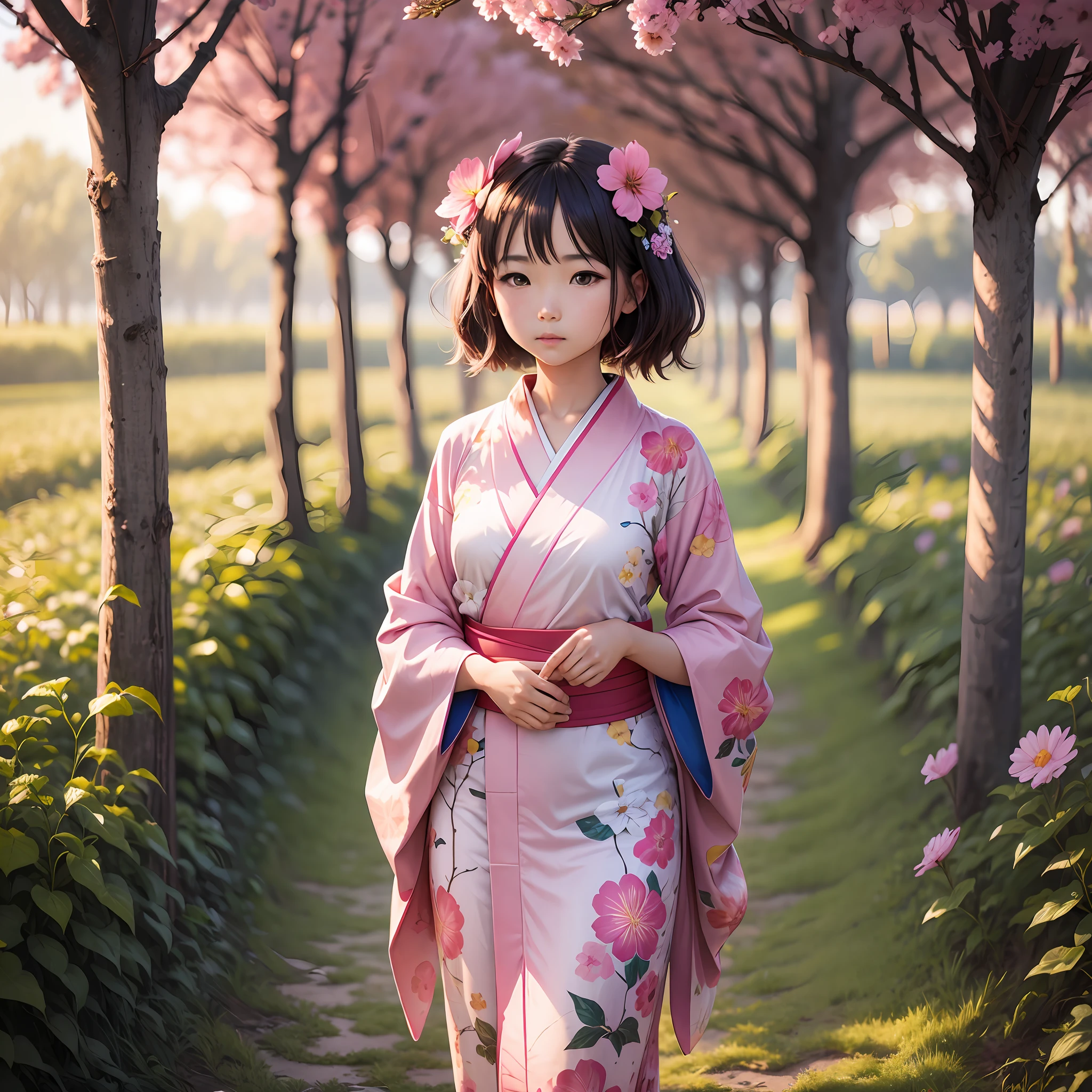 Girl standing in pink kimono in morning glory field in the morning sun --auto --s2