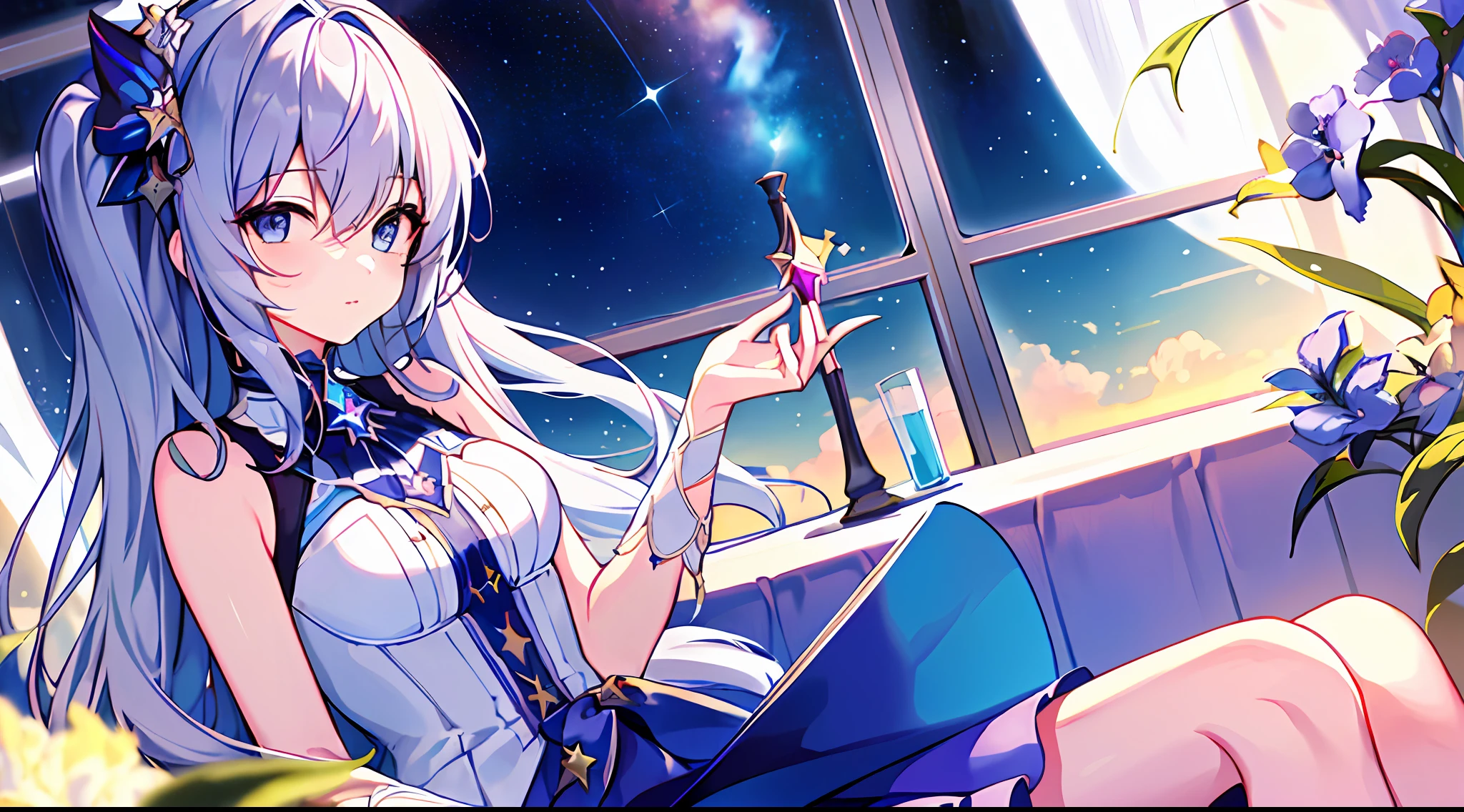 (((masterpiece))), ((best quality))), (((extremely detailed))), illustration, 1girl, solo, mysterious, vivid color, shiny, The space train glides effortlessly through the vast expanse of space, its shiny exterior reflecting the brilliance of distant stars. Inside, a young girl sits alone at a table, tasting her lunch while watching the endless panorama of stars and galaxies rush past her window, Kiana, blue eyes, hair accessories, sleeveless, purple eyes, ahoge, bare shoulders, skirt above bare breasts, closed mouth, white dress,