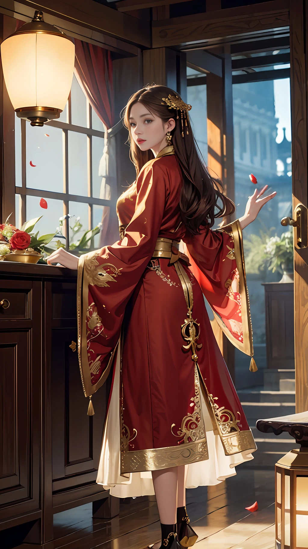 best quality, masterpiece, highres, (exquisite body:1.5),gorgeous face,(milky skin:1.3),intricate details,high resolution,wallpaper,
1girl, solo, dress, hair ornament, (((gold and red dress))), flowers, long hair, brown hair, closed mouth, jewelry, long sleeves, hand up, wide sleeves, big eyes,floating hair, chinese clothes, hanfu, embroidery, long skirt, natural pose, falling petals, indoor,fanning, lantern,
16K,HDR,highres,depth field,(film grain:1.1),boken,golden hour,(lens flare),vignette,rainbowing,(color grading:1.5)