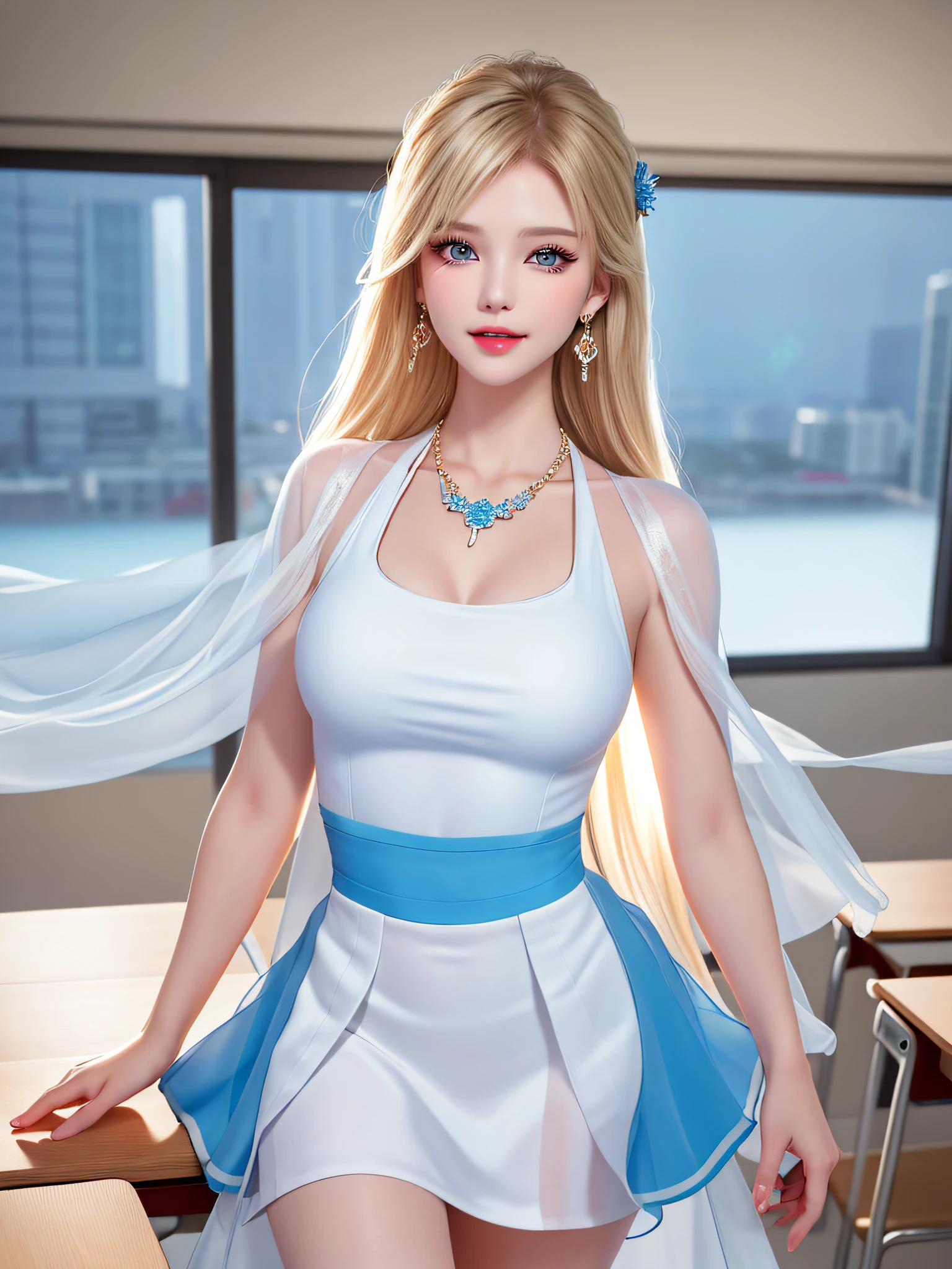 (legs open on classroom chair)), Female Teacher v6, Necklace, Earrings, Full Body V6, Long Gray Hair, Translucent Clothes, Look, Superb, Ultra High Definition, RAW Photography, Realism 1.25), (Bright Lip Gloss, Long Eyelashes, Smooth) Face, Light Bright, Natural Shadows, Wide Light, Wide Light, Depth of Field, Intense Colors, Subtle Caustics: 0.8), Smile, (Big), v6, There are windows showing different buildings in the city (absurdity, high resolution, super detail), smile, (big), v6 ((Adriaan Honig))) girl with blonde hair and blue eyes, beautiful, thin, sexy pose, back figure, gaze is window side, (((white sheer one-piece flared skirt))