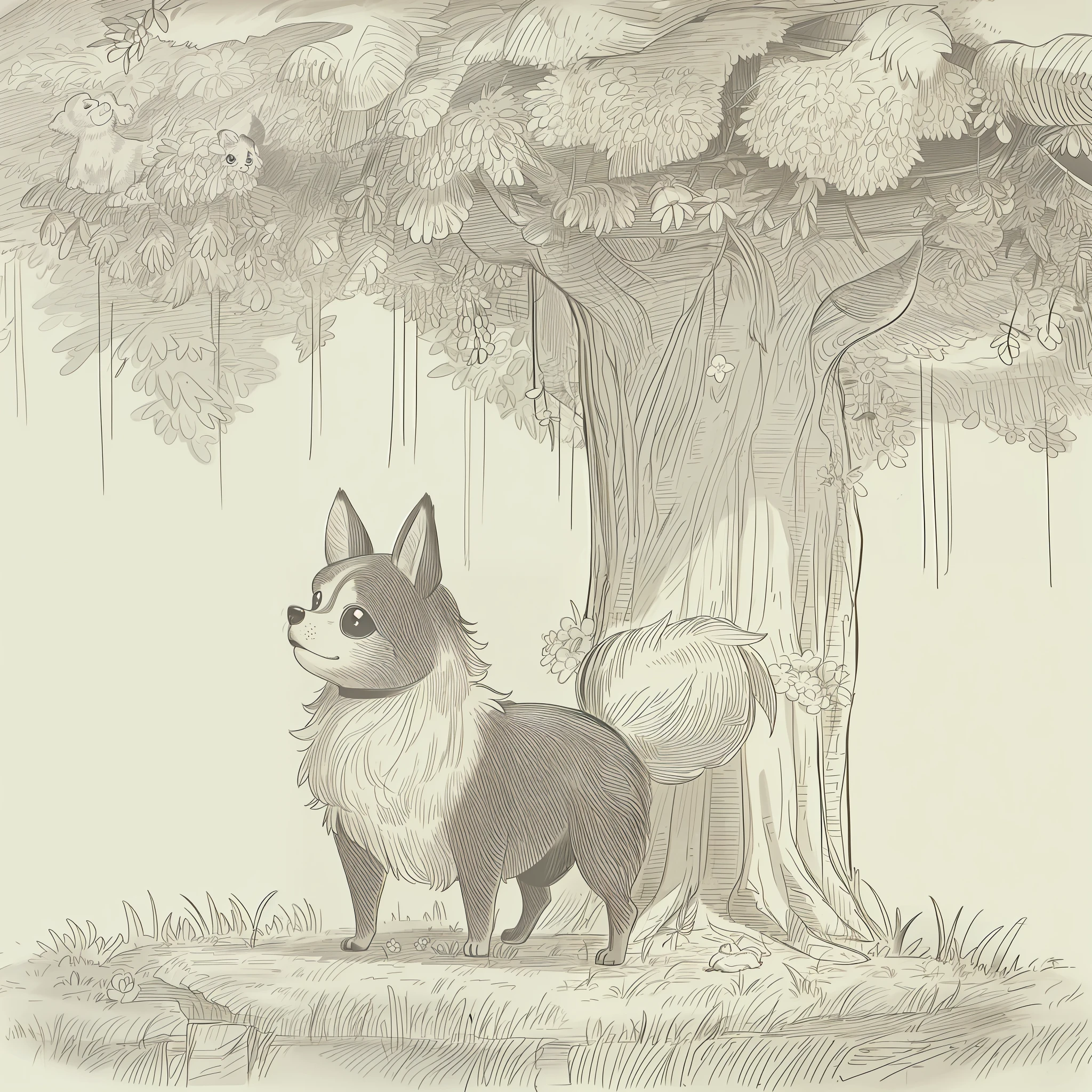 (High quality, 8k) line drawing, lineart, black and white, cute and fluffy chihuahua dog in the forest with trees and flowers