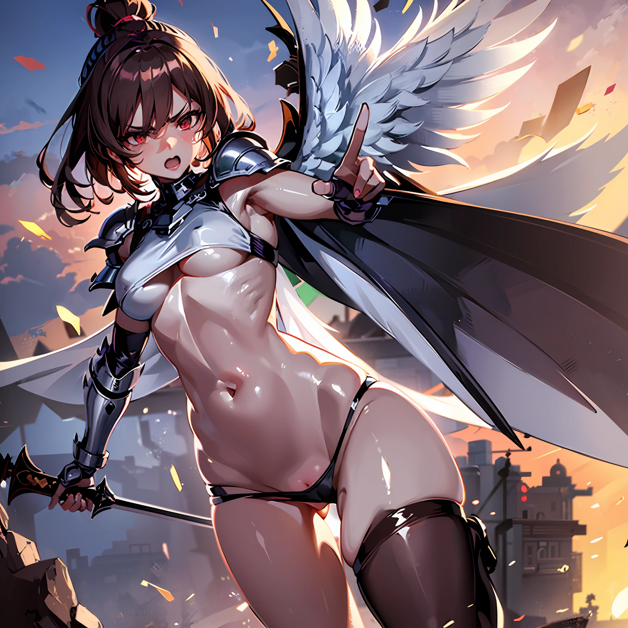 fantasy, 1angel_girl, brown_hair, ponytail_hair, (dark_skin)+, stout, bare_shoulder, navel, thigh,silver_shiny_armor, white_clothes,waist_armor, grebe, hold_swords, big_, angry, dynamic_fighting_pose, floating, (1pair_white_wings), sunrise_city_background,(pelvic_curtain)++, open_mouth, headgear, large_ass,public_indecency,