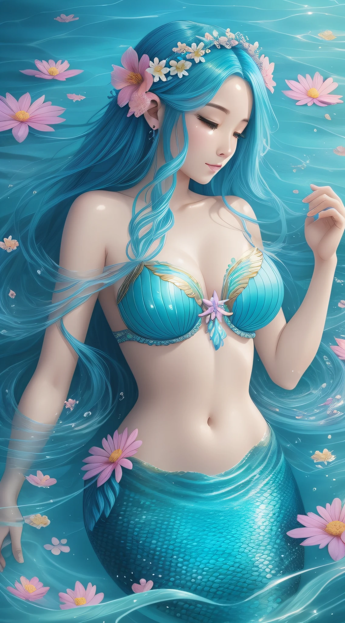 mermaid with blue hair and flowers floating in the water, beautiful mermaid, beautiful digital illustration, a beautiful artwork illustration, beautiful digital artwork, beautiful gorgeous digital art, beautiful digital art, asian female water elemental, gorgeous digital art, very beautiful digital art, closeup fantasy with water magic, beautiful fantasy art, beautiful digital painting, exquisite digital illustration, gorgeous digital painting