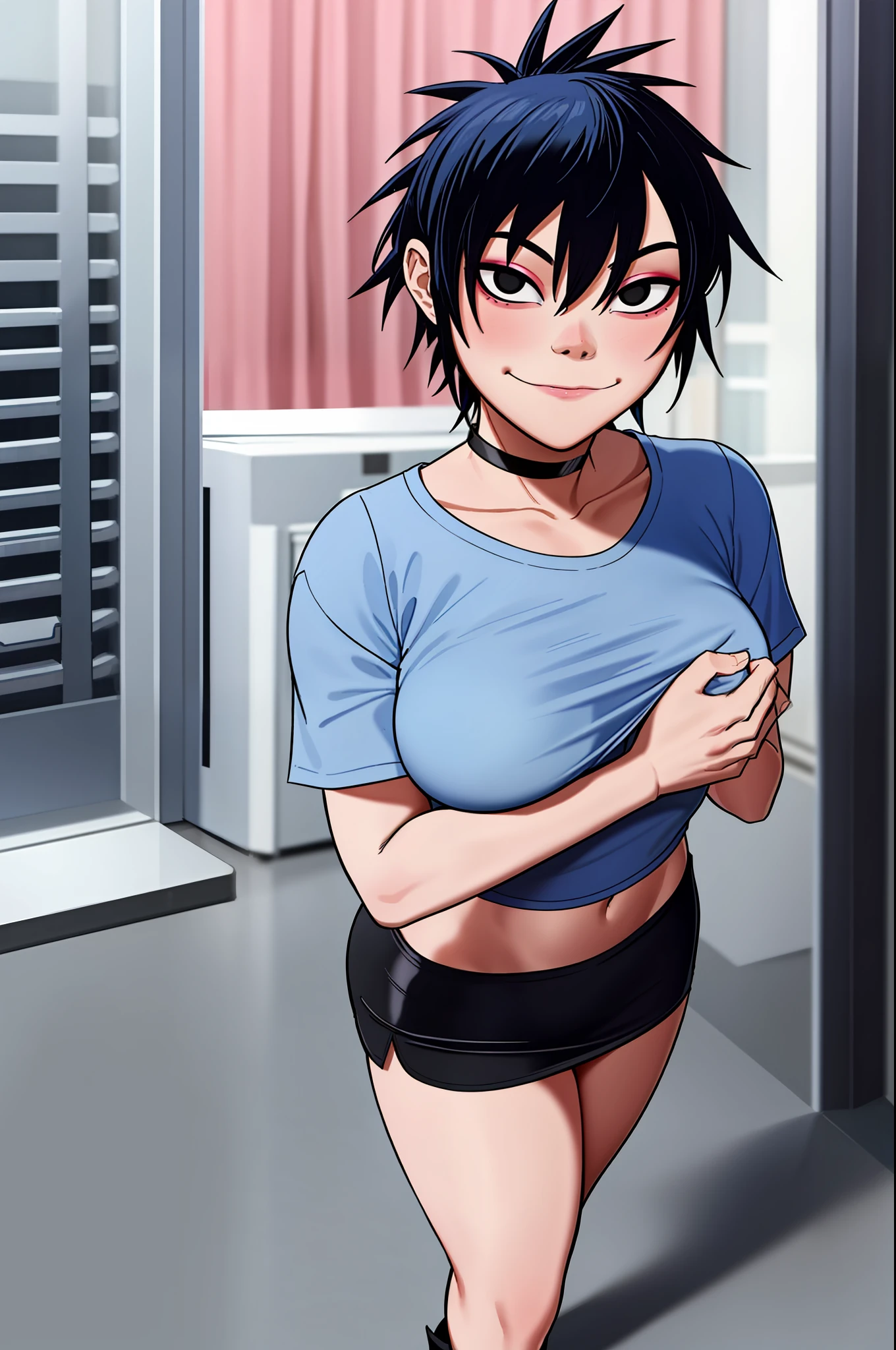 noodle (gorillaz), masterpiece, best quality, solo, blue hair, makeup, bangs, short hair, portrait, black eyes, small breasts, blush, sexual expression, seductive smile, hair covering eyes, looking back, фон музыкальной студии, pink crop top, skirt, high heels, 5 fingers, hands on breast, standing on knees, tease, choker, hearts