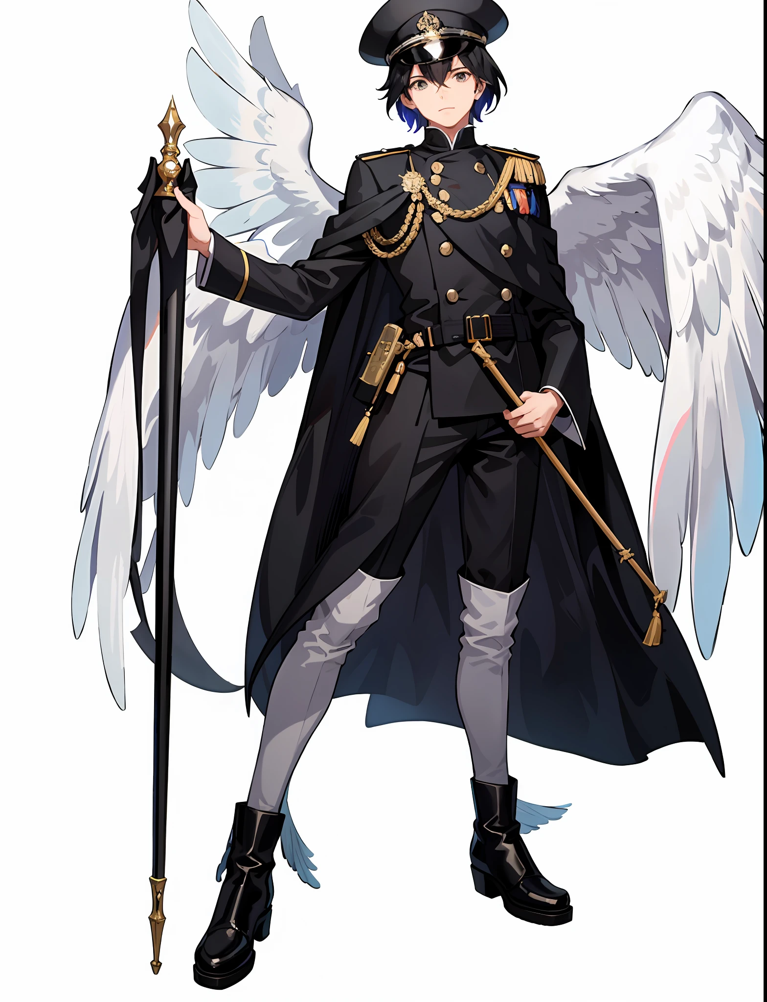 A man in a black cane costume, wearing a white navy uniform and cape, male, shota, full body concept, colorful, full body, seagull wings, martin boots