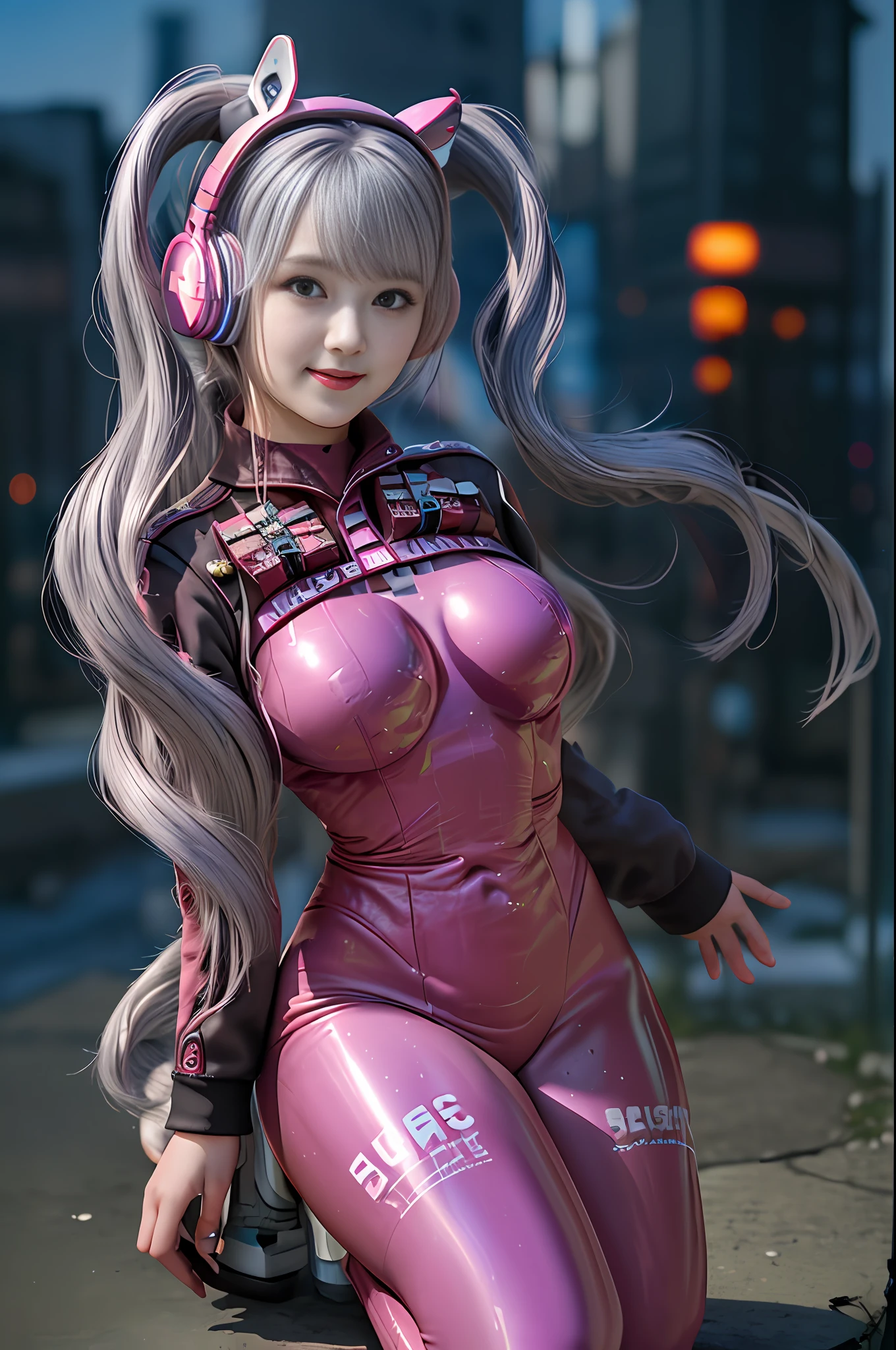 Best Quality, Ultra High Resolution, (Realistic: 1.4), Masterpiece, 1 Girl, Kpop Idol, (Aegyo sal: 1.0), Puffy Eyes, (City of Ruins), Alice \ (Daylight), (Pink tights: 1.4), ((Animal ear headphones)), (Shiny clothes), Double tails, (latex bodysuit), (Rubber suit), Shoes, (Huge to exaggerated chest), (Elongated), (Gray hair), (Gray hair), (Red pupils)), (Gun), (Smile), Happy, (Long Hair), NSFW, Depth of Field, Detail Face, Shiny Skin, Beautiful Detail Eyes, Heavy Eye Makeup, Slim Waist, Blush, Detailed Eye Makeup, Perfect Anatomy, as seen below