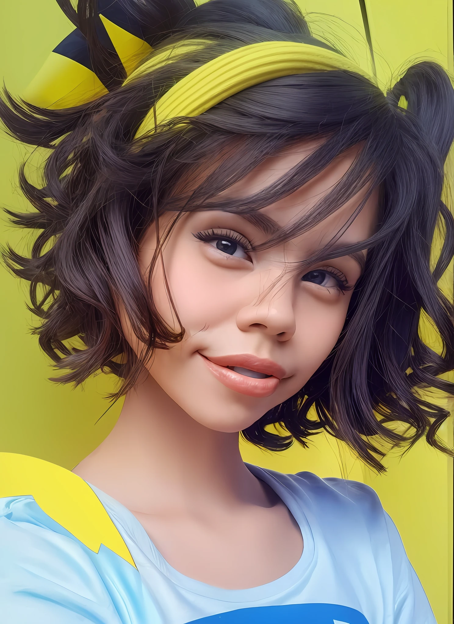 (best quality+artwork), ultra detailed image, blurry background, female face in profile, long dark wavy hair, brown eyes, mouth with perfect teeth