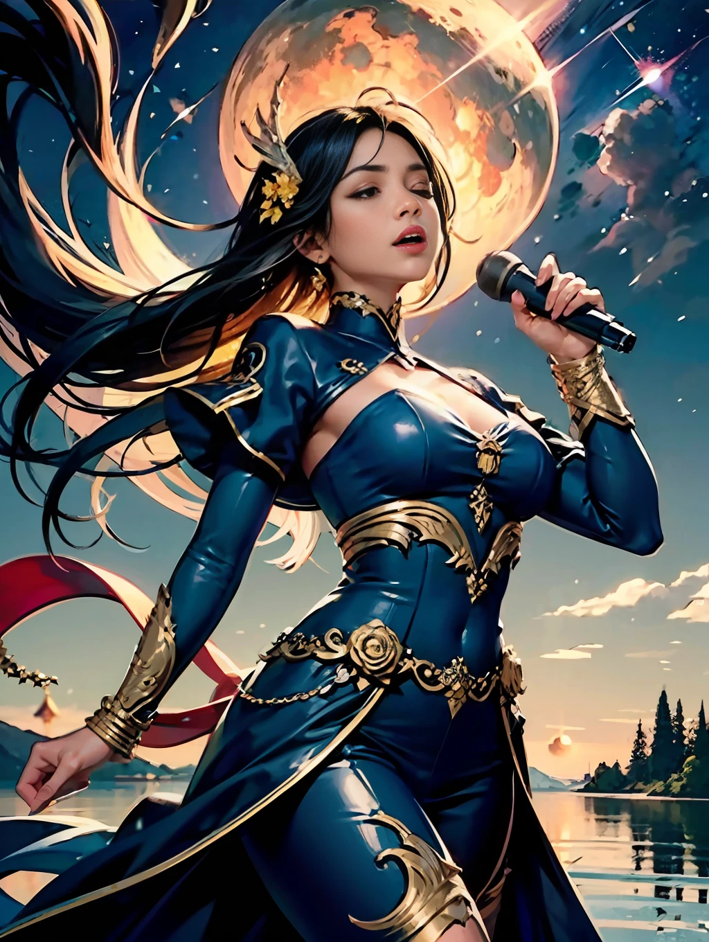 Vast background photo, half body shot, super detail of concept art, 38 year old beauty, singing with both eyes closed, singing passionately, cinematic, simple clothing, ly detailed, sharp focus, night, vast background, lots of flowers dancing, water, lake, nebula