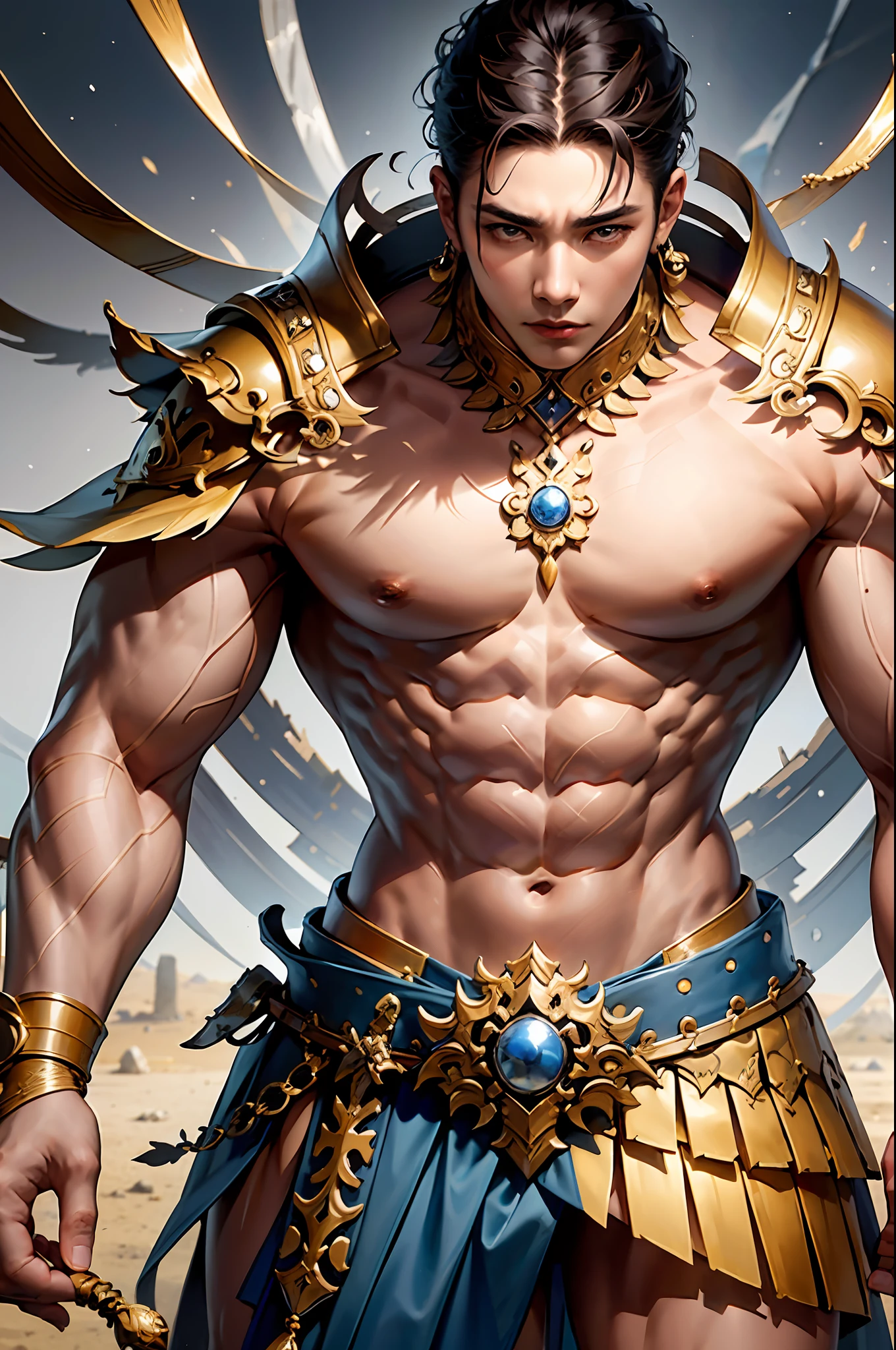 Arafard man standing in cuirass and cuirass standing on sand, asian male, korean muscle boy 2 1 years old, big, muscular, inspired by Kim Hwan-ki, strong and muscular, developed abs, muscular, muscular man, torn, beautiful handsome body, strong, perfect military calm, upper body shooting. --auto --s2