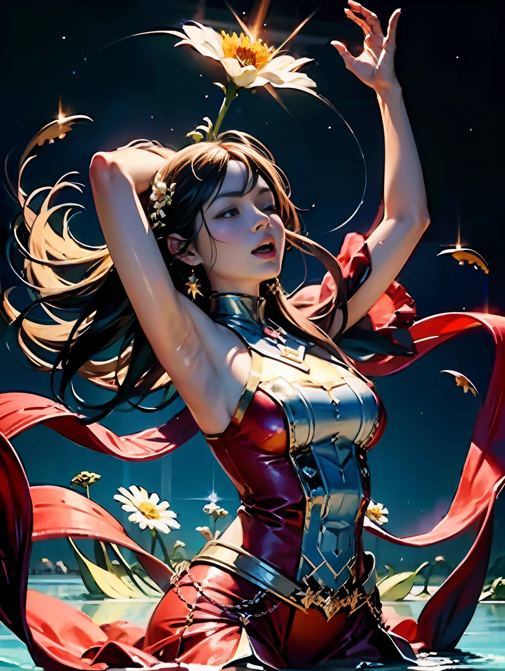 Vast background photo, half body shot, super detail of concept art, 38 year old beauty, singing with both eyes closed, singing passionately, cinematic, simple clothing, insanely detailed, sharp focus, night, vast background, lots of flowers dancing, water, lake, nebula