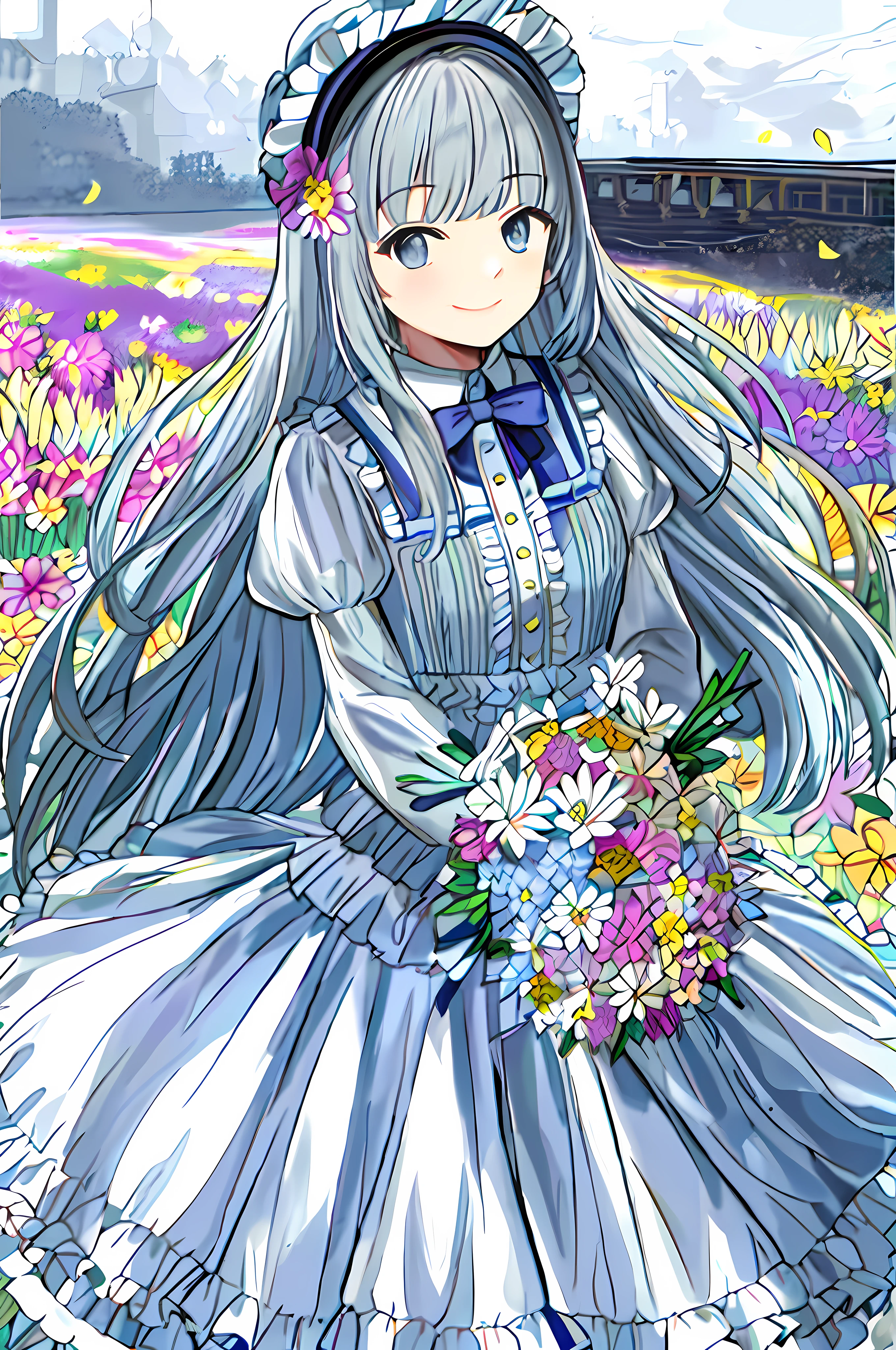 Masterpiece, best quality, 1girl, solo, long hair, look_audience, smile, bangs, skirt, shirt, long sleeves, hat, dress, bow, hold, shut up, frills, hair_flower, bouquet, holding_flower, center_frills, hat, holding_bouquet, flower field,