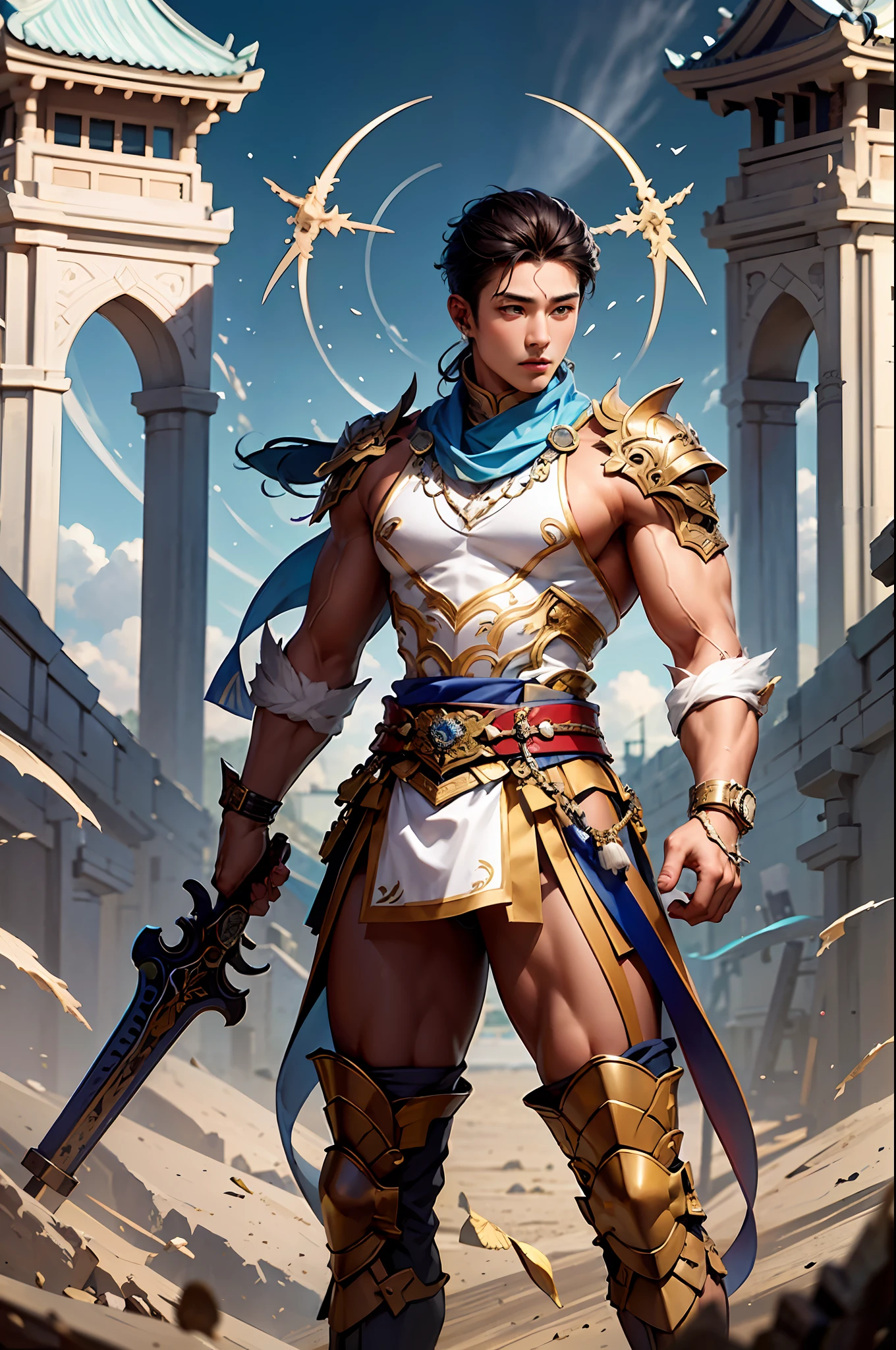 Arafard man standing in cuirass and cuirass standing on sand, asian male, korean muscle boy 2 1 years old, big, muscular, inspired by Kim Hwan-ki, strong and muscular, developed abs, muscular, muscular man, torn, beautiful handsome body, strong, perfect military calm, upper body shooting. --auto --s2