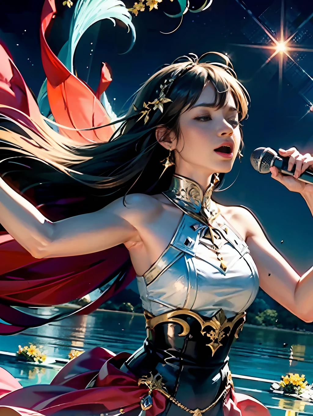 Vast background photo, half body shot, super detail of concept art, 38 year old beauty, singing with both eyes closed, singing passionately, cinematic, simple clothing, insanely detailed, sharp focus, night, vast background, lots of flowers dancing, water, lake, nebula