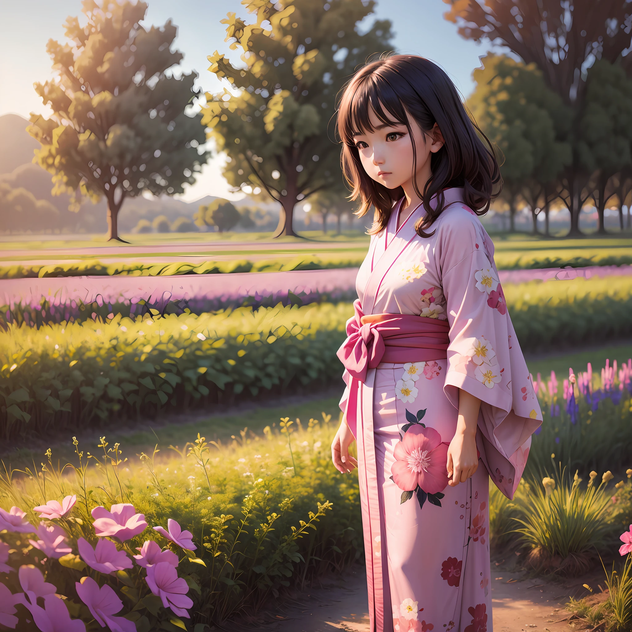 Girl standing in pink kimono in morning glory field in the morning sun --auto --s2