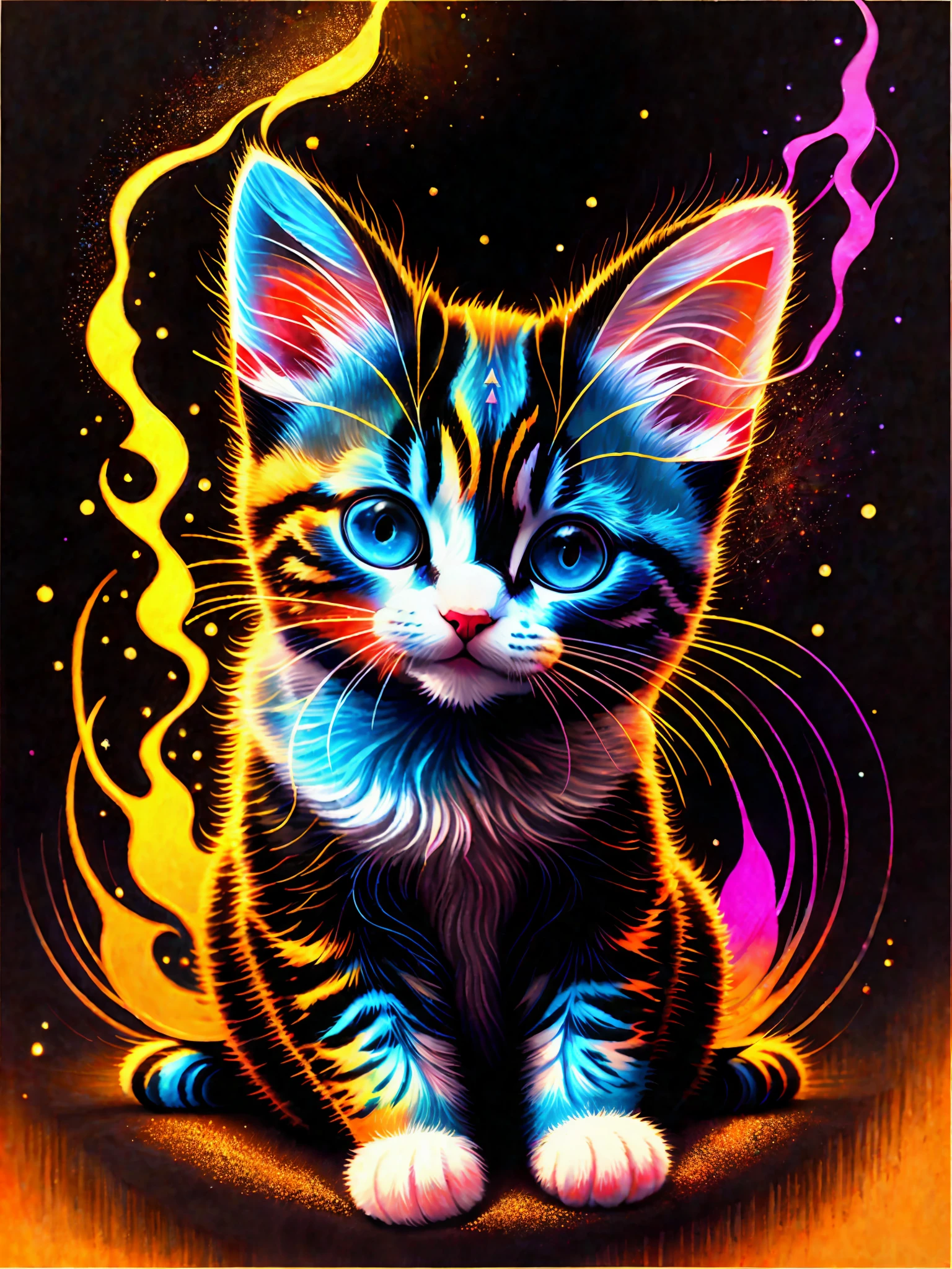 a painting of a colorful kitten on a black background,, breathtaking rendering, within a radiant connection, inspired by Kinuko Y. Craft,, magical elements, kitten icon, wow, is beautiful, casting a multi colorful spell, bright flash, flash