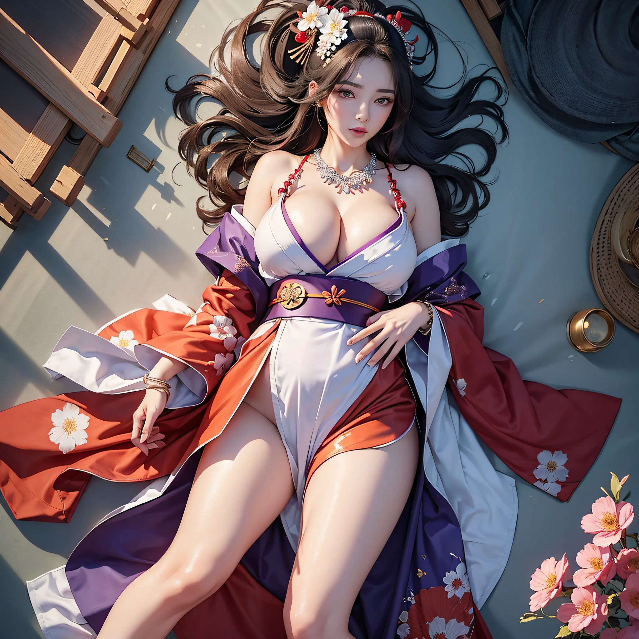 ((legs wide open, crotch wide open)), (cinematic light, top quality, 8K, masterpiece: 1.3), (world wonderful, goddess of Japan, Japan beautiful girl, Korean goddess), (upper body), (one girl), (necklace, bracelet, anklet, leg ring), (huge, cleavage, exposed breasts, sexy cleavage, very detailed breasts), (huge breasts), À la Fed woman in kimono, kimono, classic kimono, kimono, Japan kimono, long beautiful flowing kimono, intricate geisha kimono, red or purple kimono with floral pattern, Japanese style, wearing kimono, legs wide open, crotch wide open, inspired by Kano Hogai,