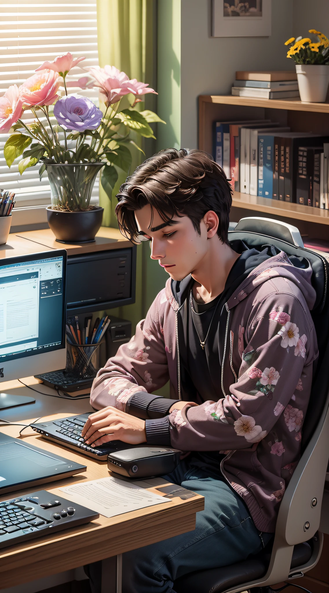 A 24-year-old boy rests in a chair next to a computer monitor, flowers on keyboard --auto --s2