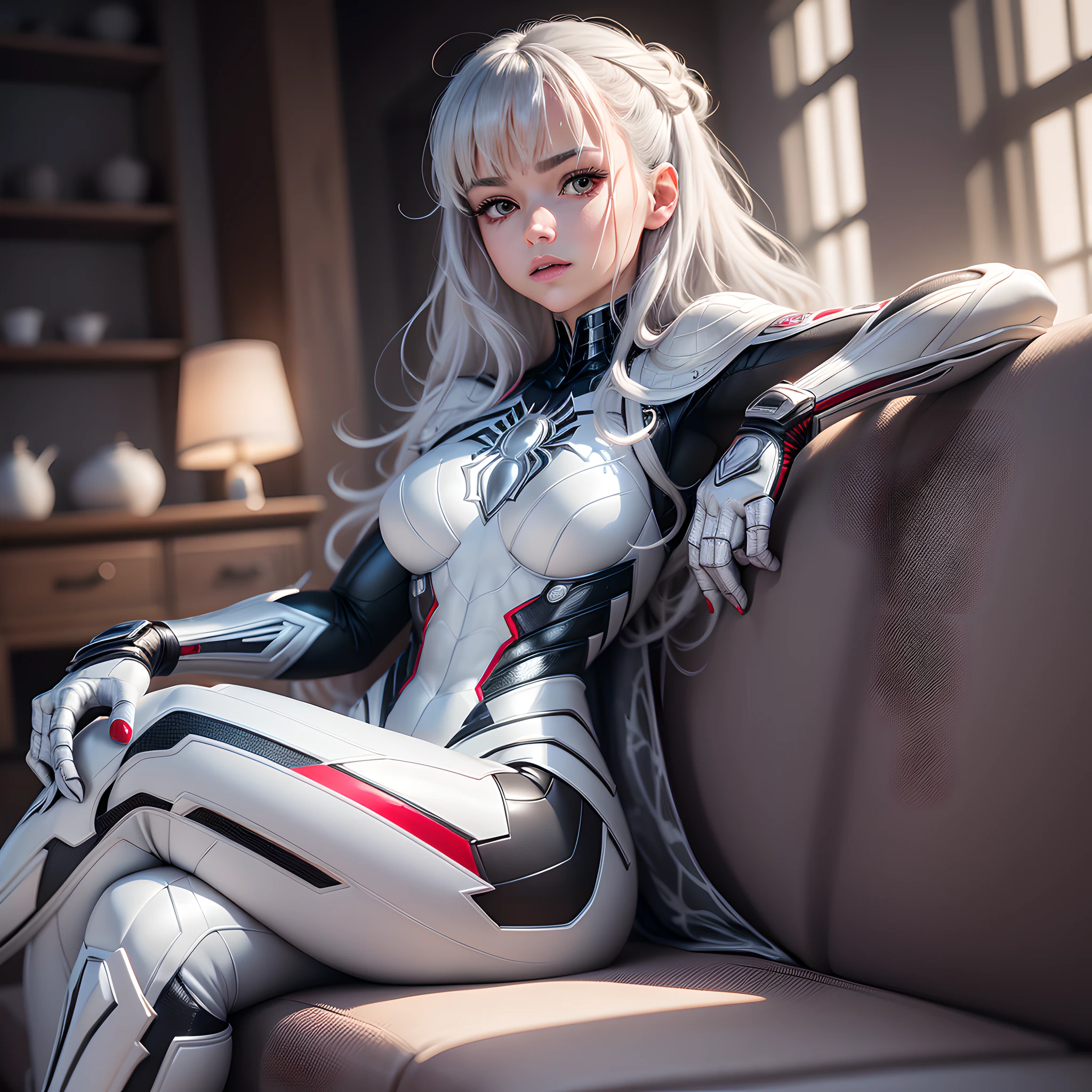 (Extreme Detail CG Unity 8K wallpaper, masterpiece, high quality), (Exquisite lighting and shadow, highly dramatic image, cinematic lens effect), a girl in a white Iron Man costume, silver gray hair color, from the parallel universe of Spider-Man, Wenger, Marvel, Iron Man, sitting on the couch, dynamic pose), (excellent detail, excellent lighting, wide angle), (excellent rendering, enough to stand out in its class), focus on white Spider-Man costumes, complex spider textures --auto --s2
