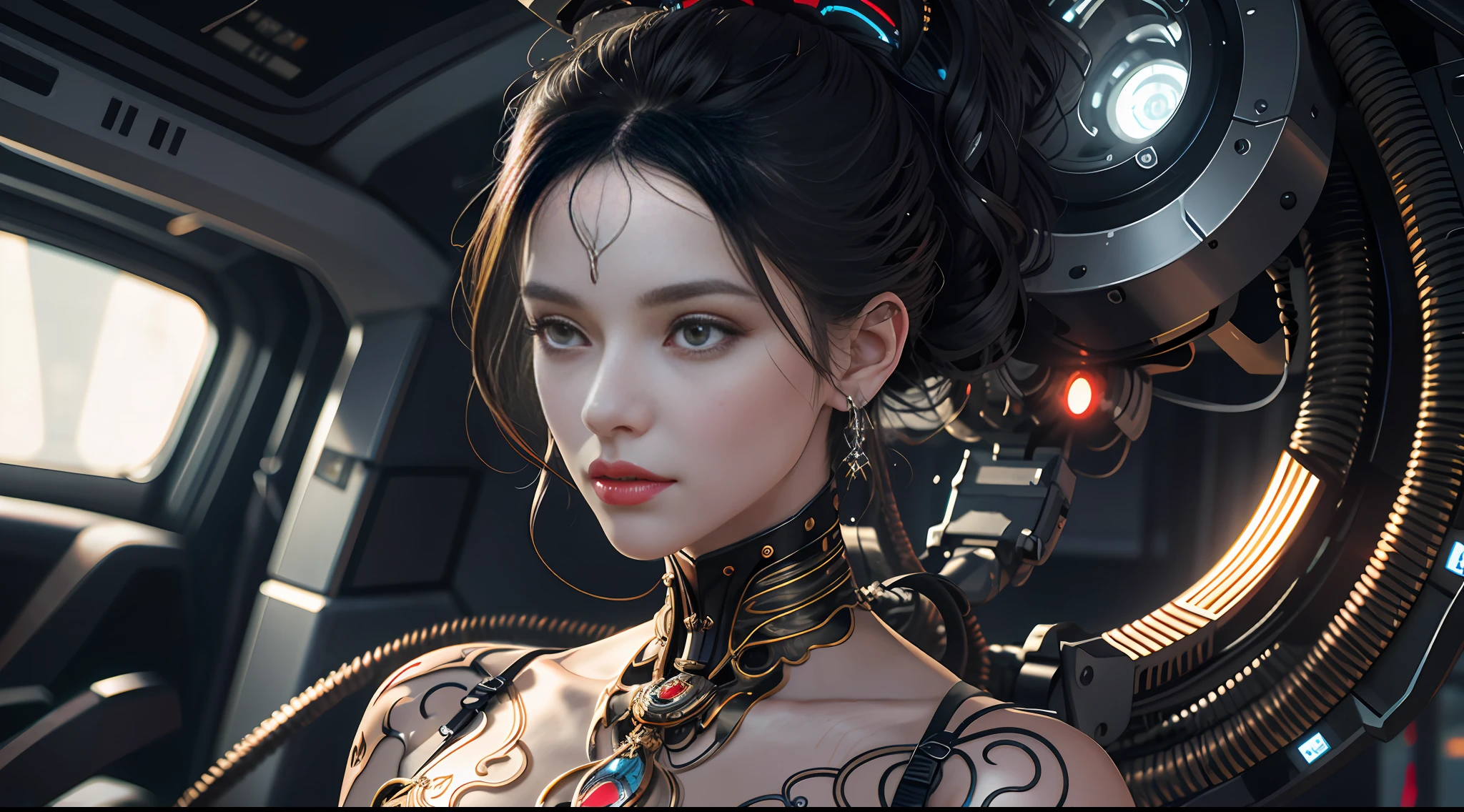 1 mechanical girl, (Full body: 1.2), (Perfect face), ((Super realistic detail)), Portrait, Global illumination, Shadows, octane rendering, 8k, Super sharp, metallic, complex, ornamental detailed, Cool color, (Egyptian detail: 1.5), Highly complex detail, realistic light, CGsociety trend, glowing eyes, facing camera, neon detail, mechanical limbs, blood vessels attached to tubes, mechanical vertebrae attached to the back, mechanical cervical vertebrae attached to the neck, wires and cables attached to the head. realistic, elegant, goddess, dynamic pose, pose, surrealism, high detail, supremacy, cinematic lighting, ray tracing, shadow, uhd, retina, masterpiece, ccurate, anatomically correct, textured skin, super detail, high detail, high quality, high quality, award-winning, best quality, high resolution, 1080P, 16k, 8k, 4K, HD