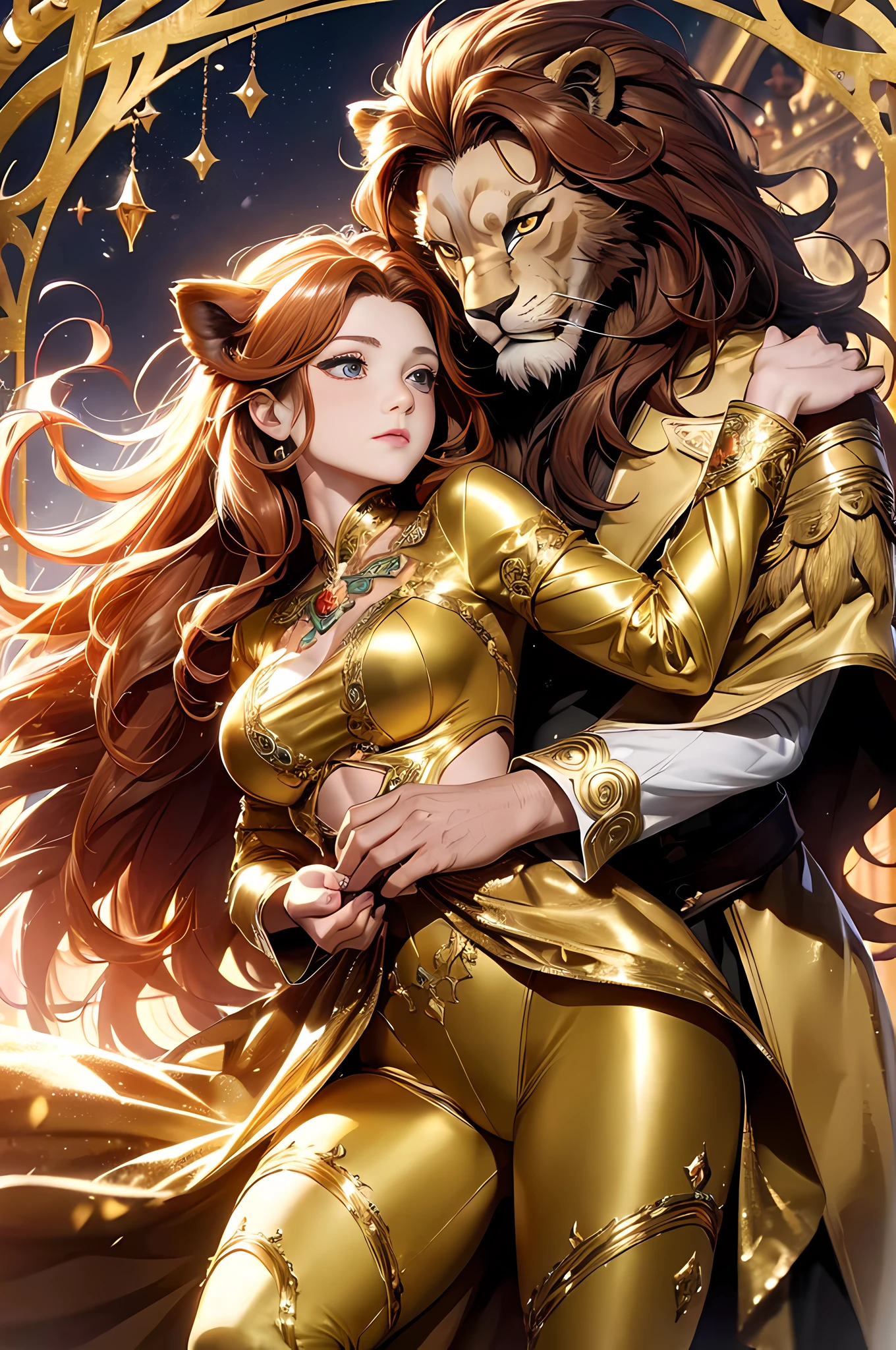 (absurdres, highres, ultra detailed), extremely detailed CG unity 8k wallpaper, intricate details, (style-swirlmagic:1.0), Beauty and the Beast, personification, 1woman and 1man, the beast hugging beauty woman form her back, ((1woman is mature female, human, beautiful perfect princess face, slender, wavy long hair, auburn hair, coral eyes, bangs, long sleeves, finely detailed eyes and detailed face)), ((1man is Lion man as Disney Beast, 1man has a brave Lion huge face, golden gown, golden pants, beast Lion body, golden effect)), detailed background, detailed face, (gothic dark ages theme:1.1), dynamic pose, earth themed clothes, floating in the air, golden dance hall background, 1man and 1woman is full of love,