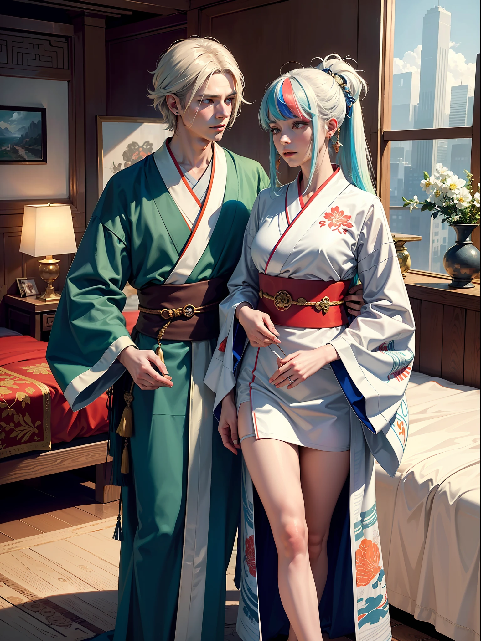 Concept Art, "1 Couple, Male Focus, Fin Ears, Multicolored Hair, Handsome Boy, Long White Hair, Tassels, Bangs, Carp, Colorful, Bold Colors, White Kimono, (Open) Kimono, Traditional Chinese Clothing, Close-up, Intimate Interaction in Bed, Stud Earrings, Rings, Sweat, Illuminate People", Colorful, Master Composition, Focus on Key Figures, Realism, Masterpiece, Award-Standing, Best Quality, Masterpiece, Ultra Detailed, 8K, Extremely Detailed CG Unity 8k wallpaper, complex, highly detailedrealistic