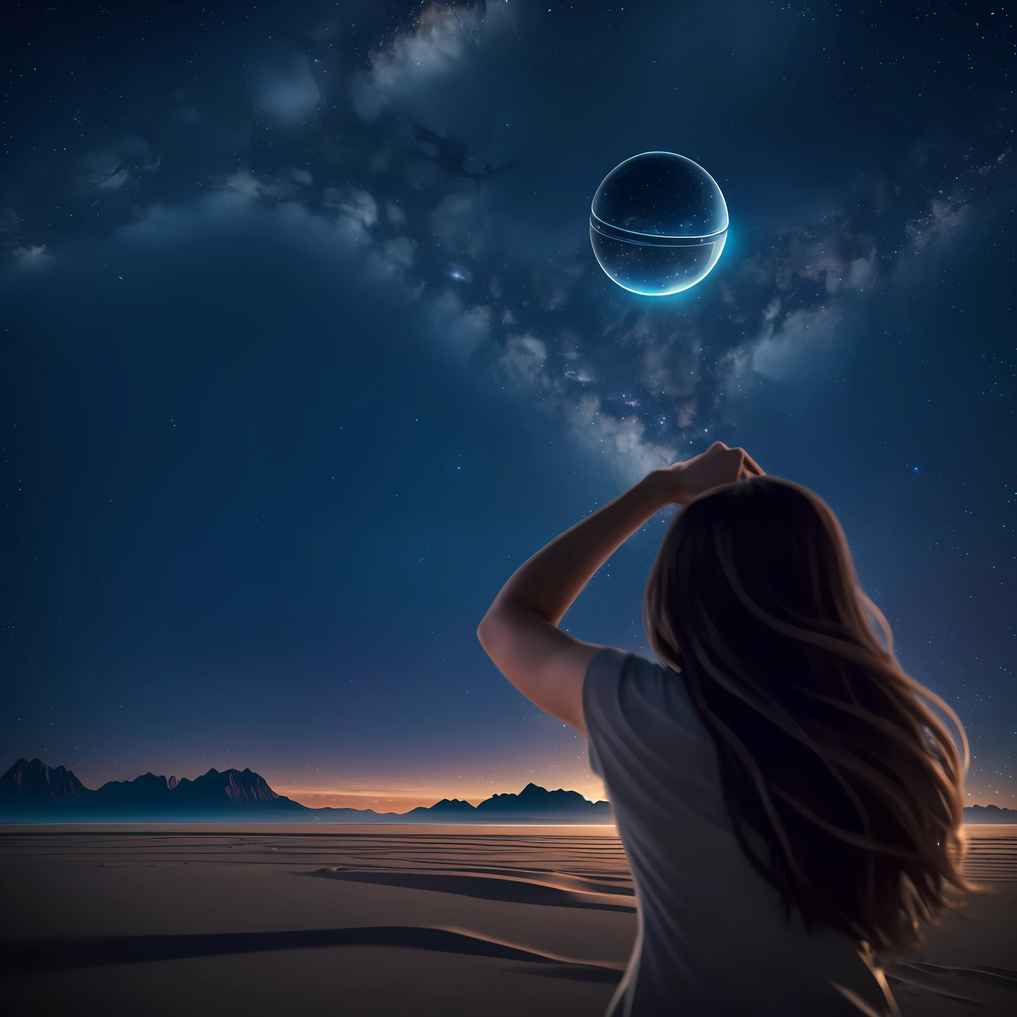 A woman with a long back and hair (8k) looking at a futuristic-style spaceship that is flying over the horizon (Best quality) of a deserted beach at night with the sky covered with stars (Realistic: 1.2) (intricate details) (sharp focus) with surrounding mountains (8k) flying over the horizon --auto --s2